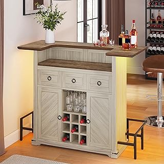 YITAHOME Home Bar Unit with LED Lights ＆ Drawer, Farmhouse Bar Cabinet w...