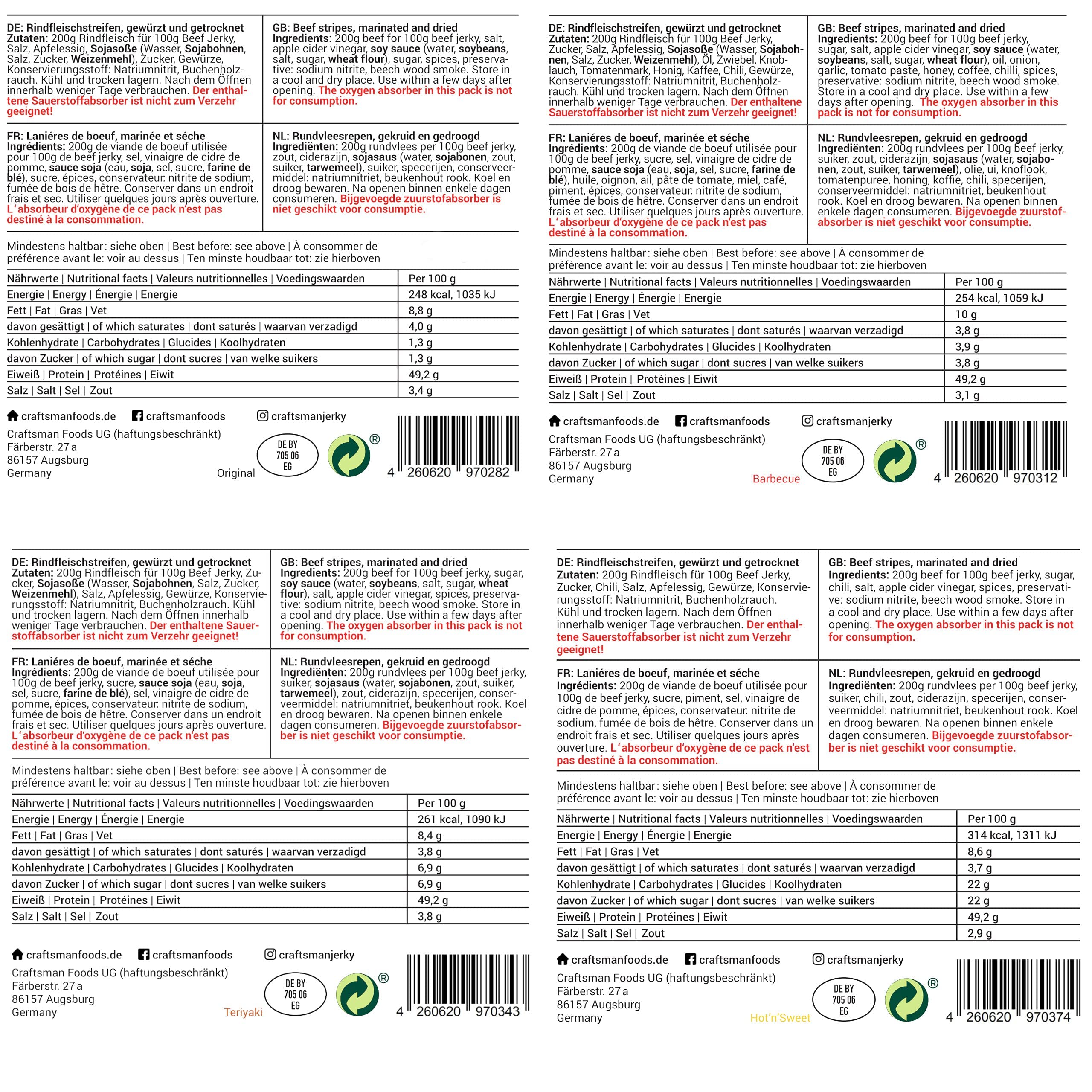 Craftsman Beef Jerky Superpack | Set 8x 50 g (400 g) Trockenfleisch Mix Set | Weiderind, Rindfleisch aus Bayern, Alle Sorten, Manufakturverfahren, Probierpack