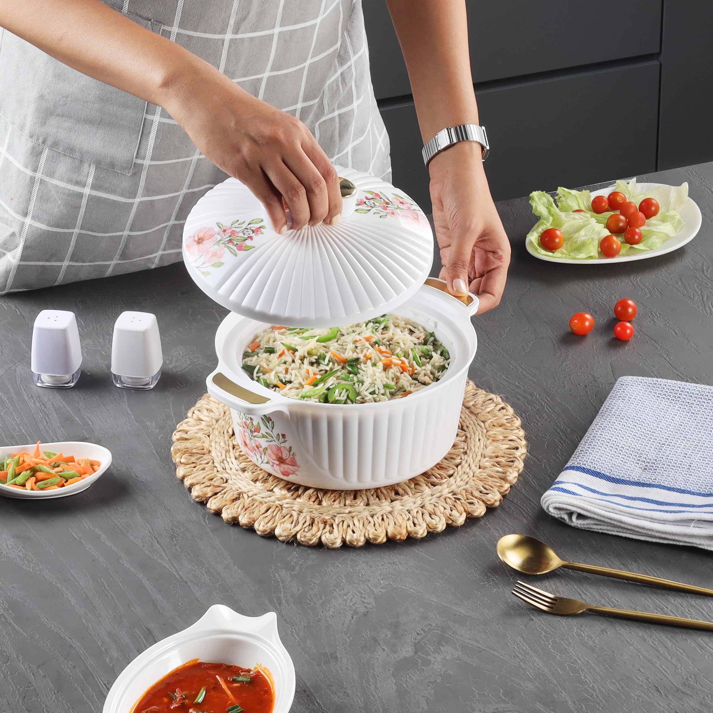 CelloSonet Insulated Inner Steel Casserole For Roti, 1250ml, White | Hot Box for Kitchen | Hot Pot for Home| Chapati Box | Locks in The Cold & Heat for Long | Serving Bowl with Lid