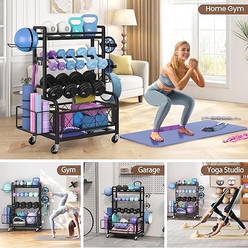 Miniatura 9 de Yaheetech Soporte para mancuernas para esterilla de yoga, gimnasio en casa, equipo de entrenamiento, soporte con ganchos y ruedas para mancuernas,