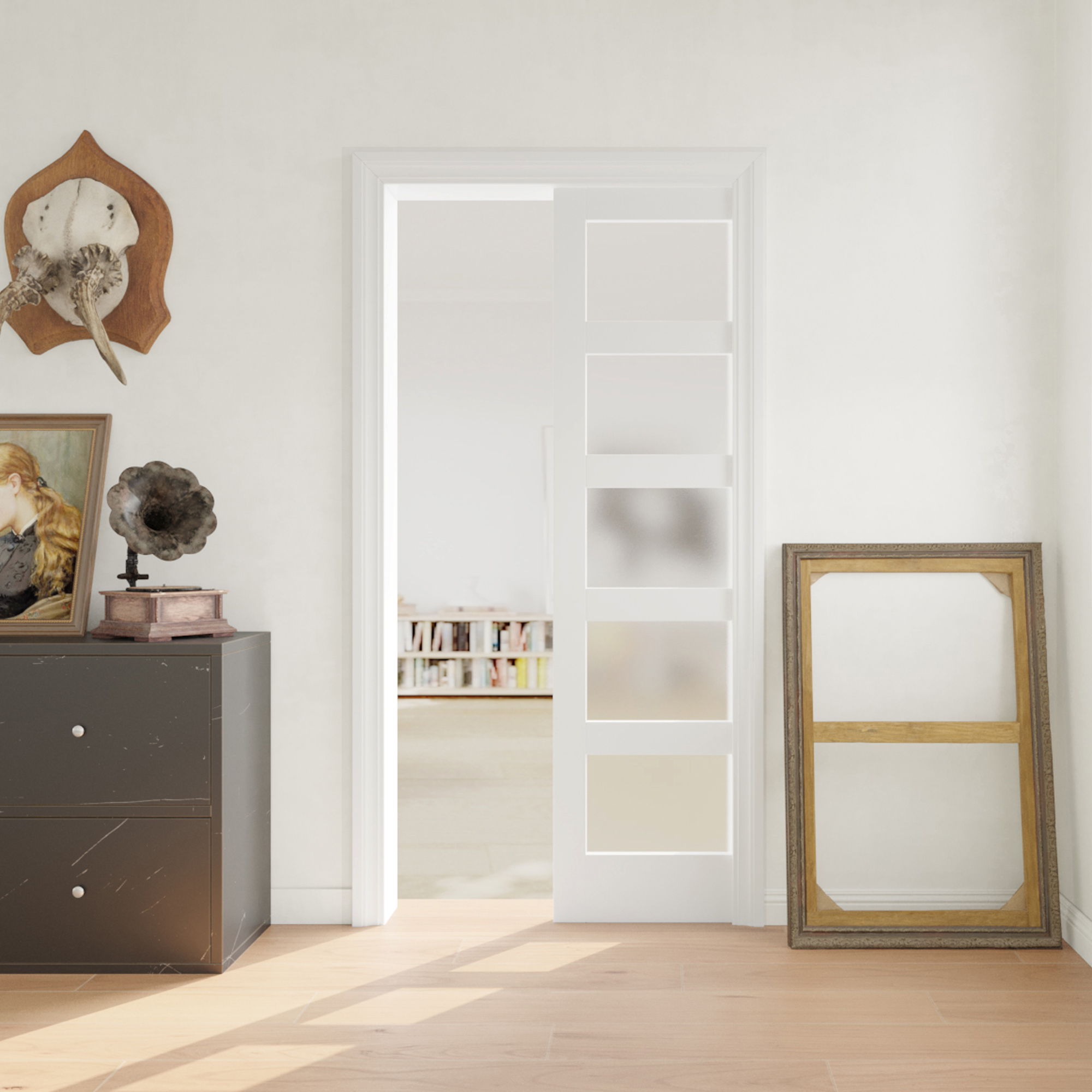 32 X 80 Sliding Pocket Door Kit - 5-Panel Frosted Glass Soft Close Interior Door With Frame, White Primed