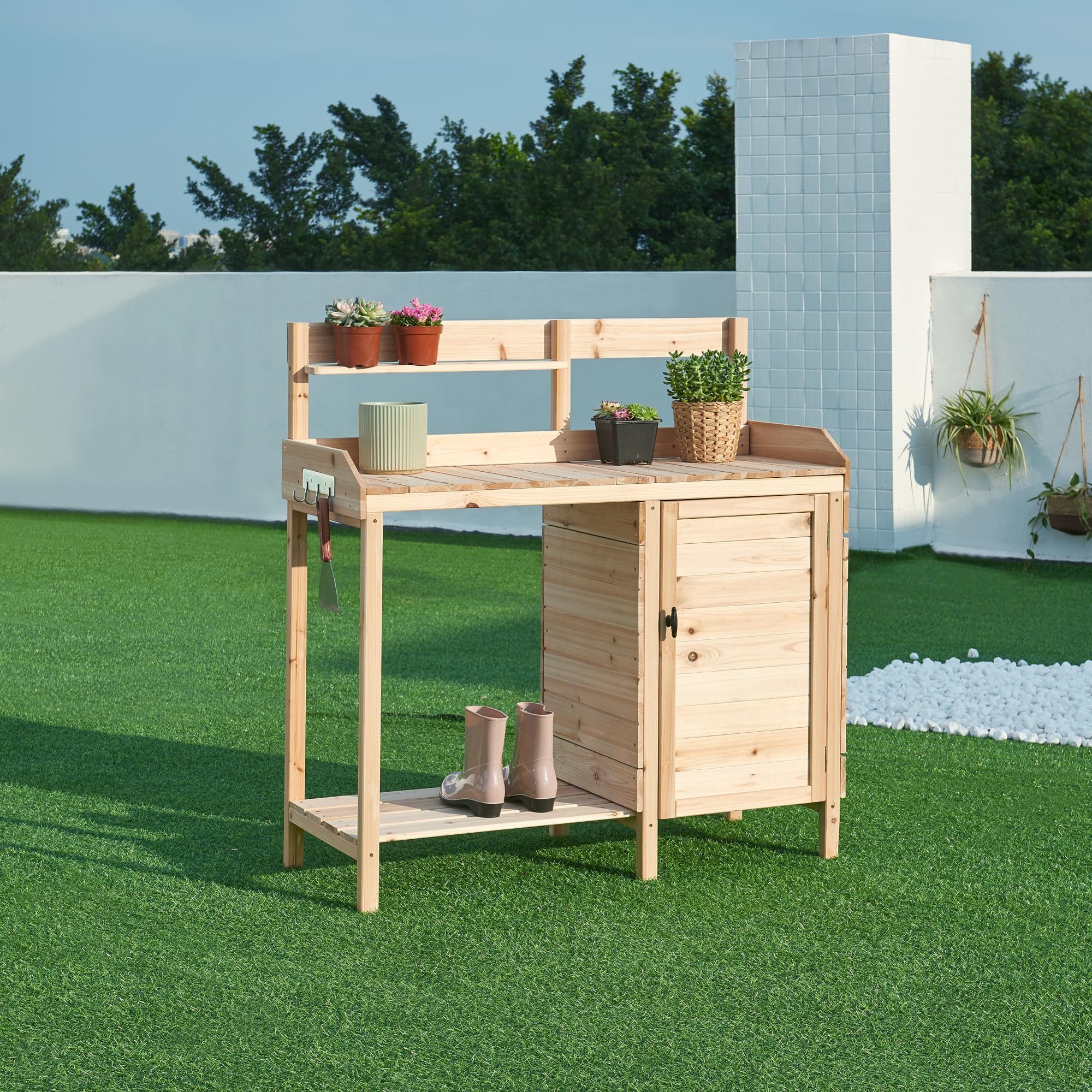 casa.pro Pflanztisch Alessano Gärtnertisch mit Unterschrank Gartenregal Gartenarbeitstisch Tannenholz Outdoor Blumentisch Arbeitsplatte 110 x 107 x 46 cm Holztisch