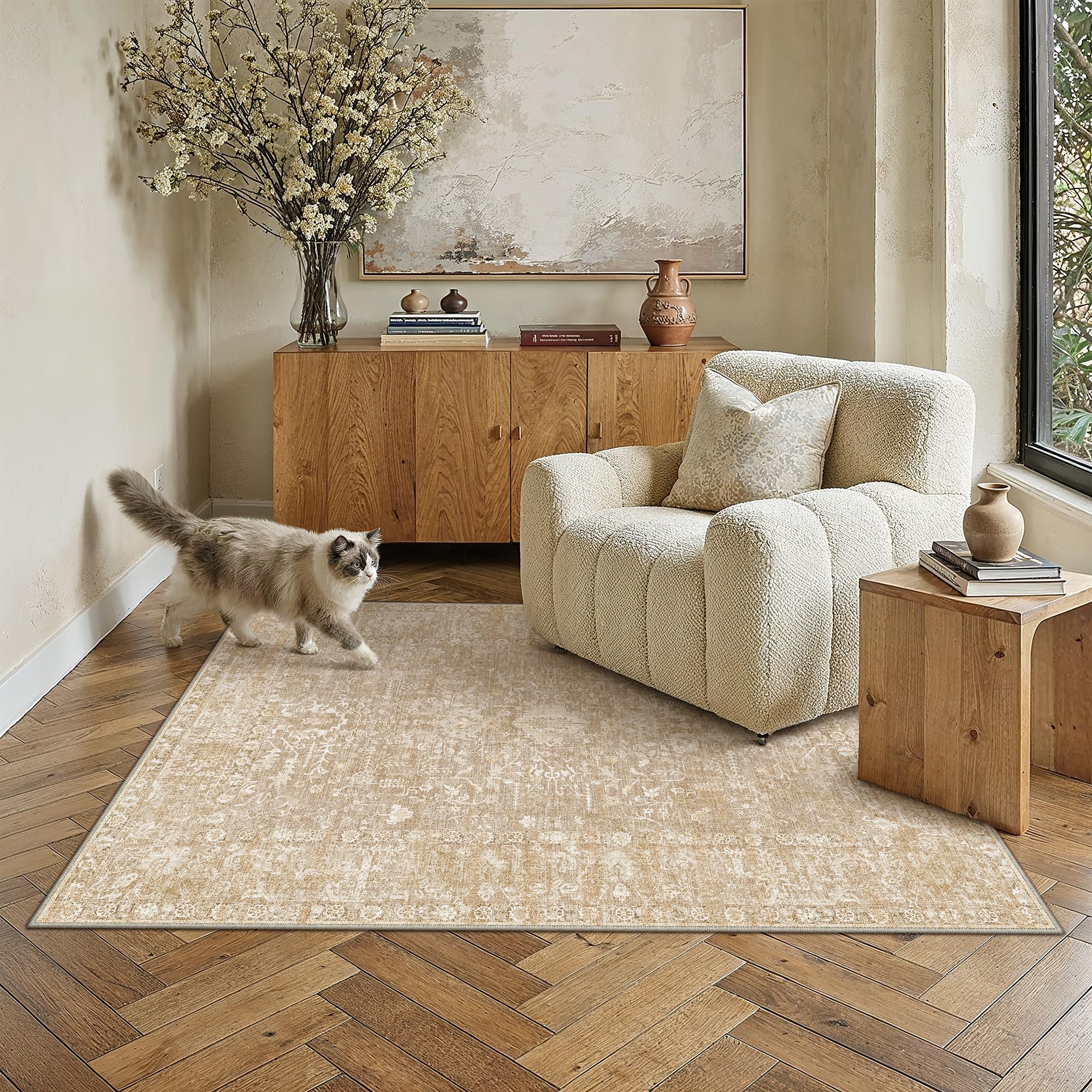 PureCozy Vintage Rugs Living Room Washable 120x170cm Beige Large Carpet โ image 1
