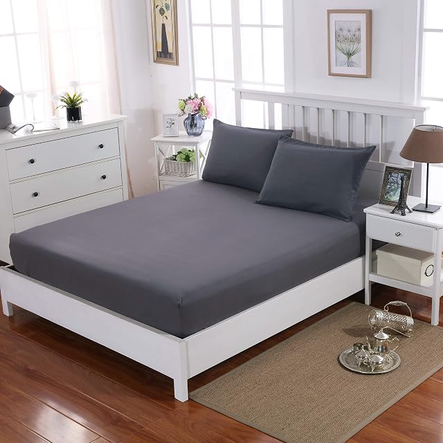 MOHAP Fitted Sheet Set King Size 16" Deep Pocket with 1 Bedsheet and 2 Pillowcases Polyester Grey