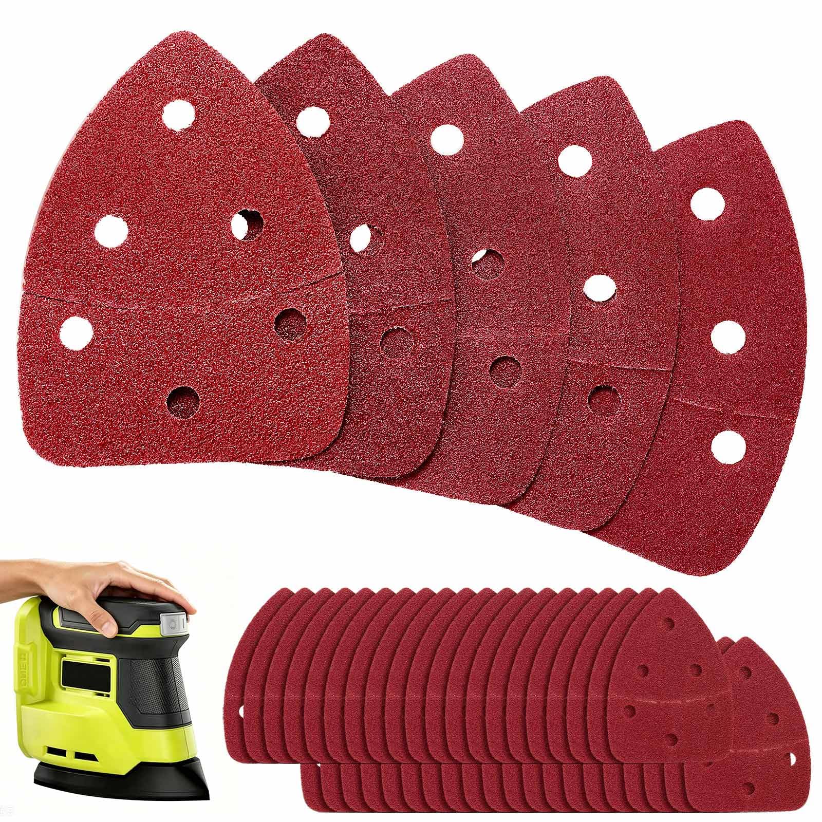 LitartPRO 50PCS Delta Sanding Sheets for Ryobi RPS18-0 & CC1801M Corner Detail Sander, 6 Hole Hook and Loop Triangle Sandpaper, 5 Assorted Grits 40 60 80 120 240 for Wood Paint Metal