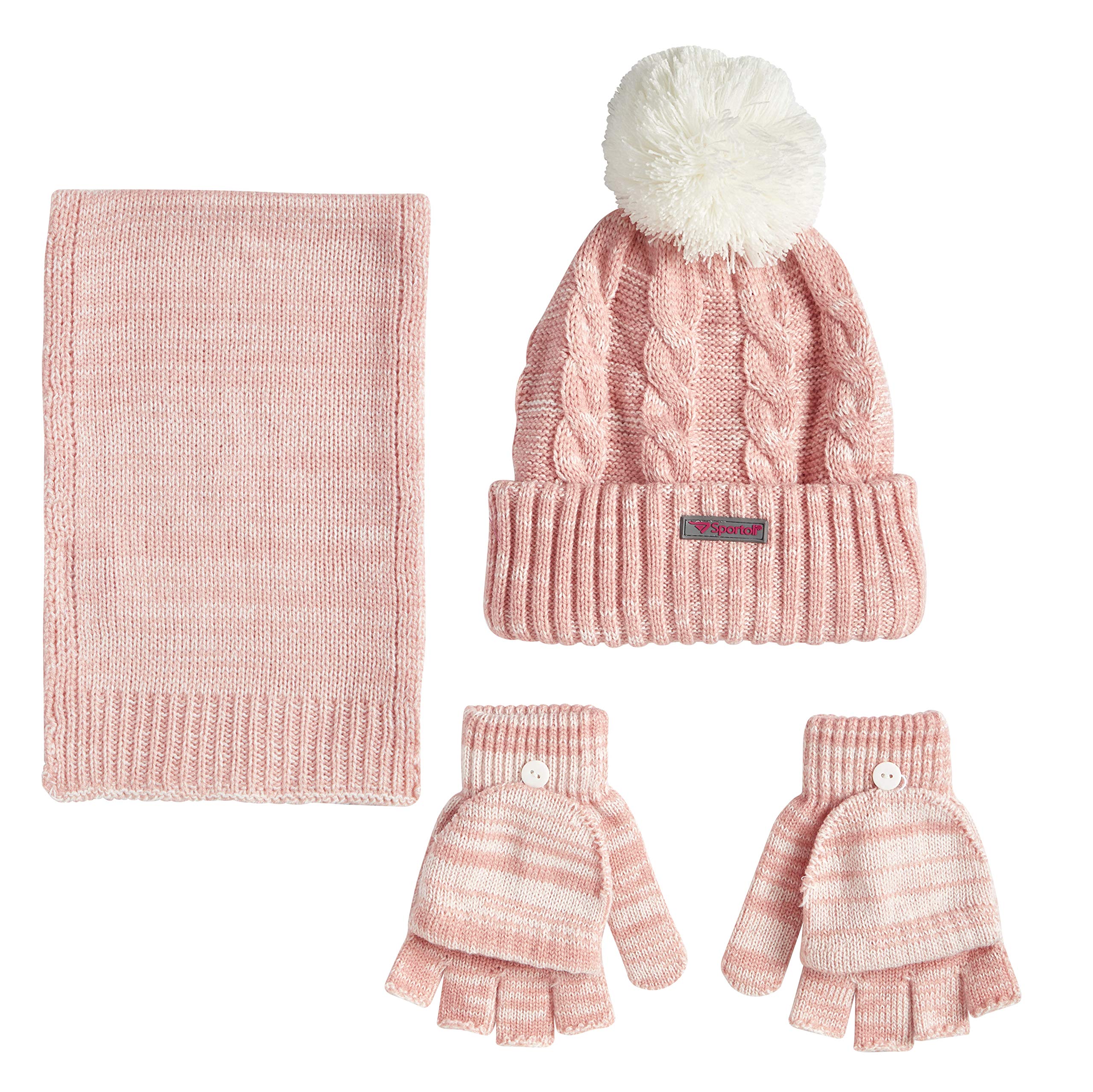 Sportoli Women’s Girls’ kids 3-Piece Cable Knit Cold Weather Set Hat Scarf Glove - Blush (Size Kids / 4-7 Yrs)