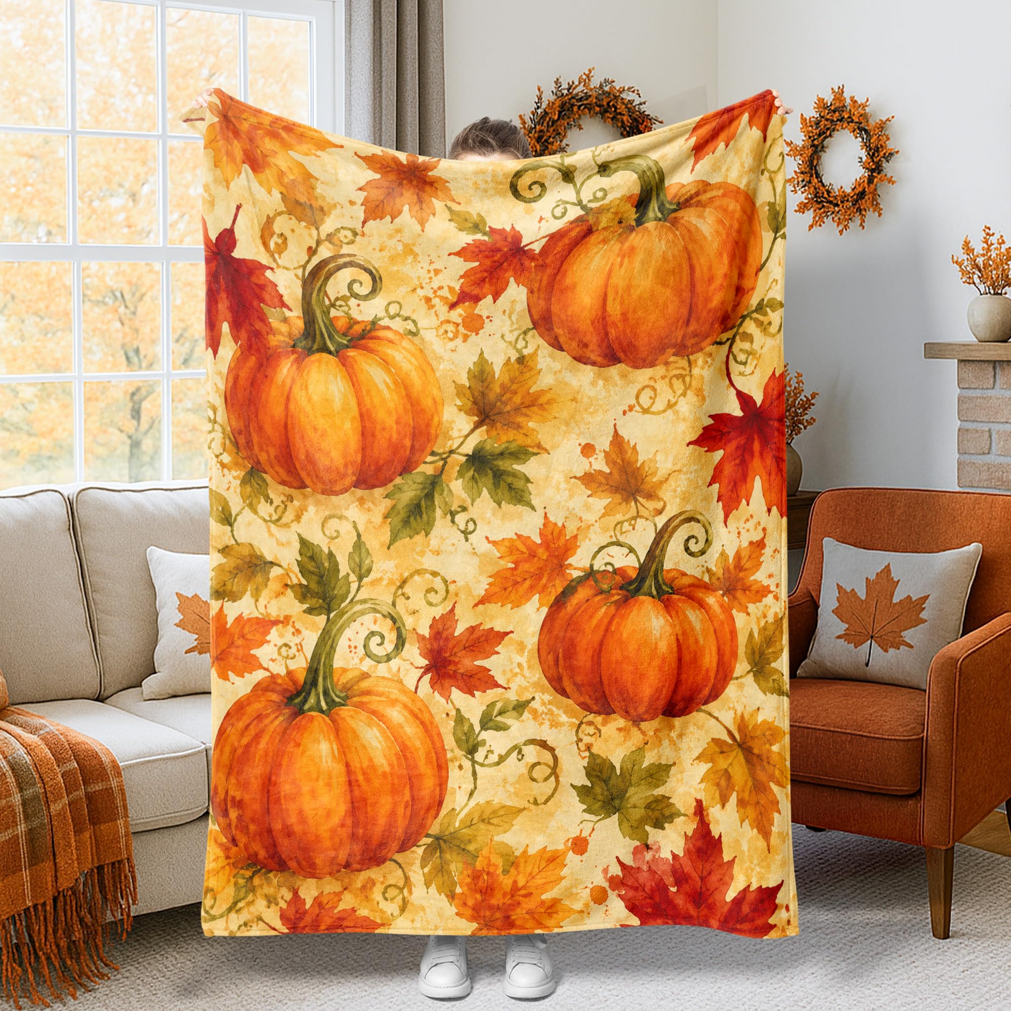 Jeté de lit citrouilles en flanelle rustique pour canapé et chambre 152x203 cm
