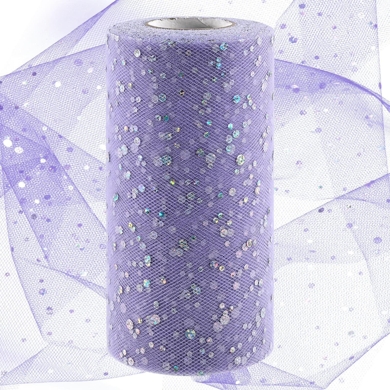 Swpeet 6 Inch by 50 Yards Light Purple Glitter Tulle Fabric Roll, Fabric Spool Sparkling Tulle Ribbon, Netting Polyester Spool for DIY Birthday Party Wedding Decorations Christmas Craft Supplies
