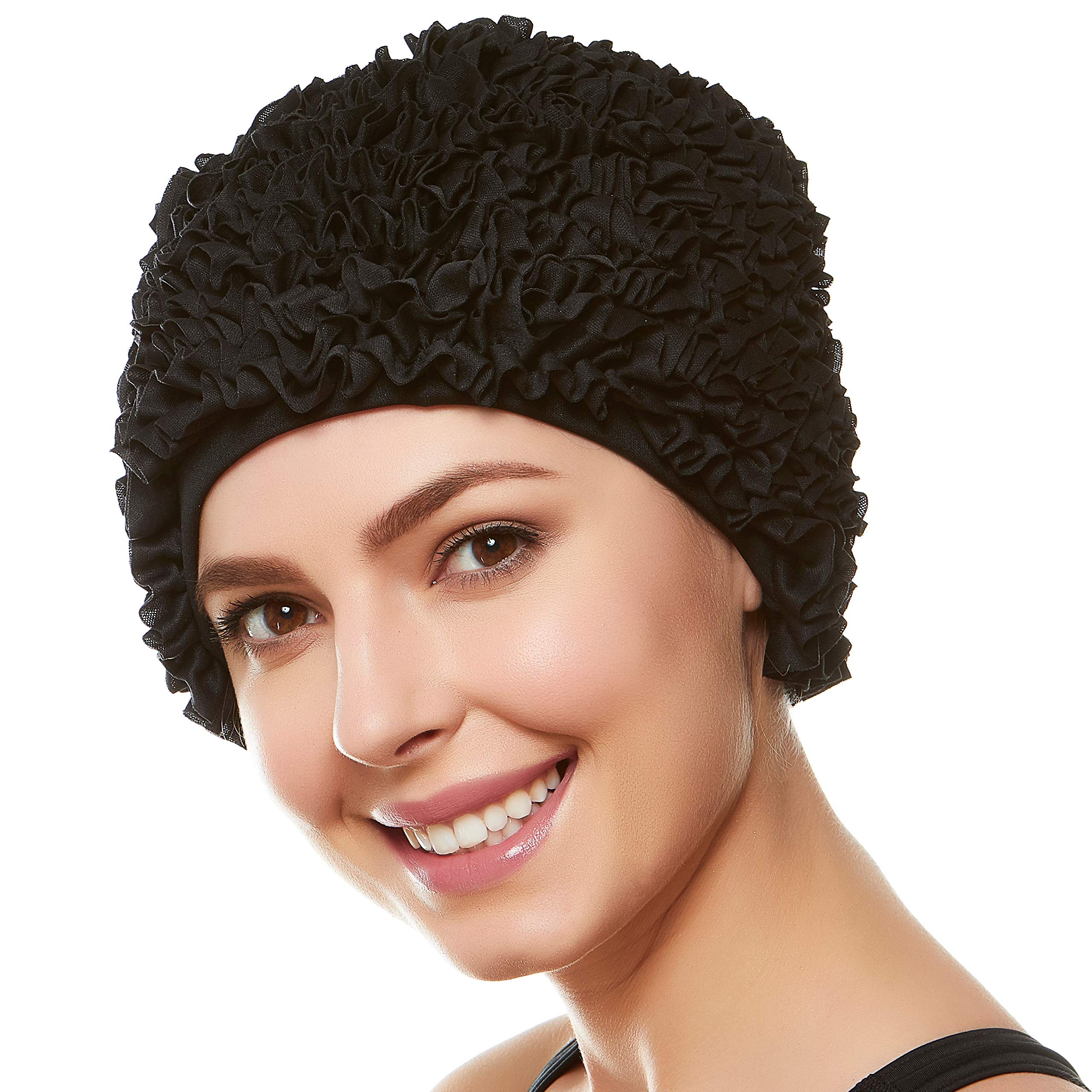 BEEMO Women’s Swim Bathing Cap Turban–Polyester Latex Lined Ruffled Shower Cap