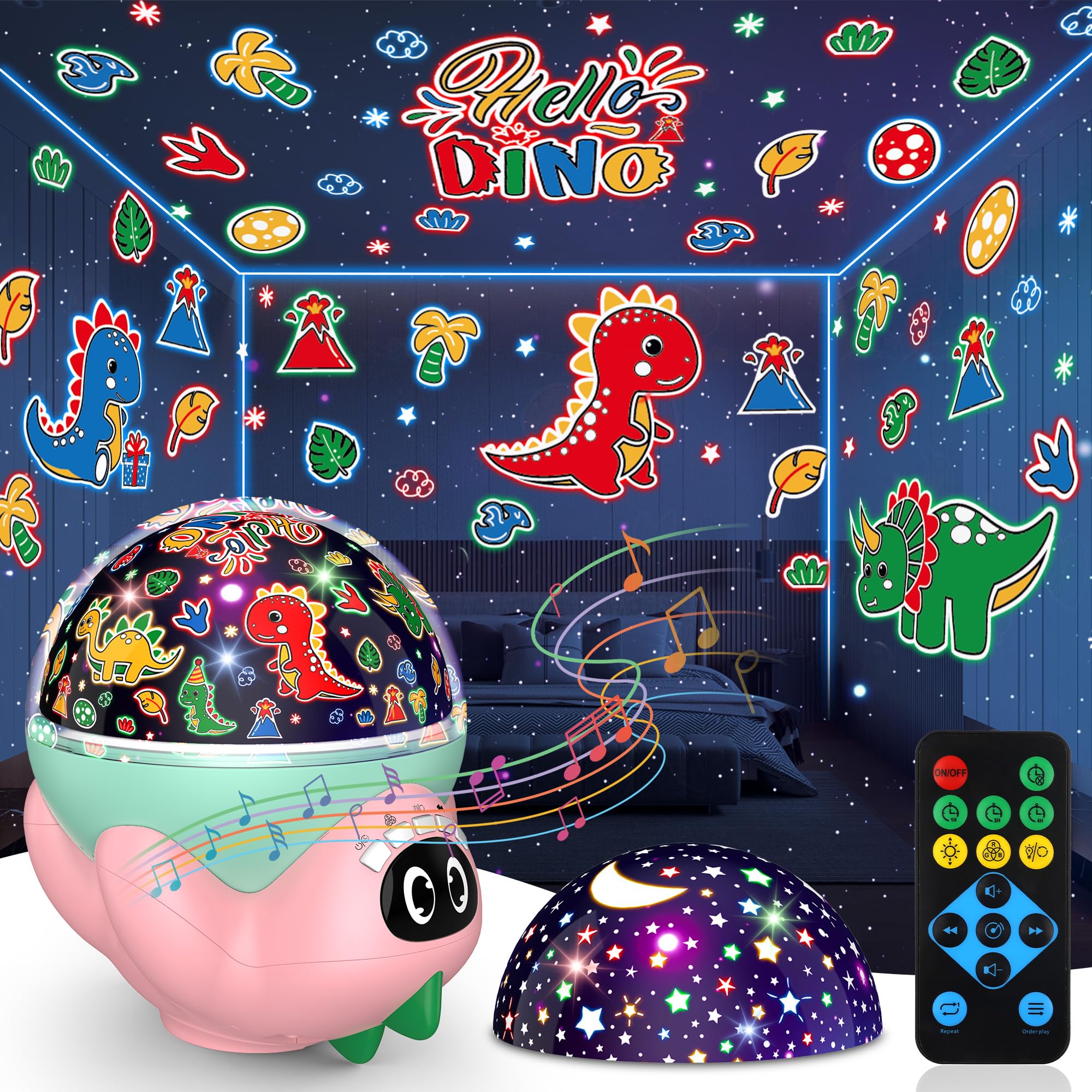 Dinosaurier-Nachtlicht-Projektor für Kinder | Sternenlicht-Projektor für Schlafzimmer | Dino Lampe mit 10 beruhigenden Musik und Timer, Fernbedienung | Geburtstagsgeschenke für Mädchen Rosa