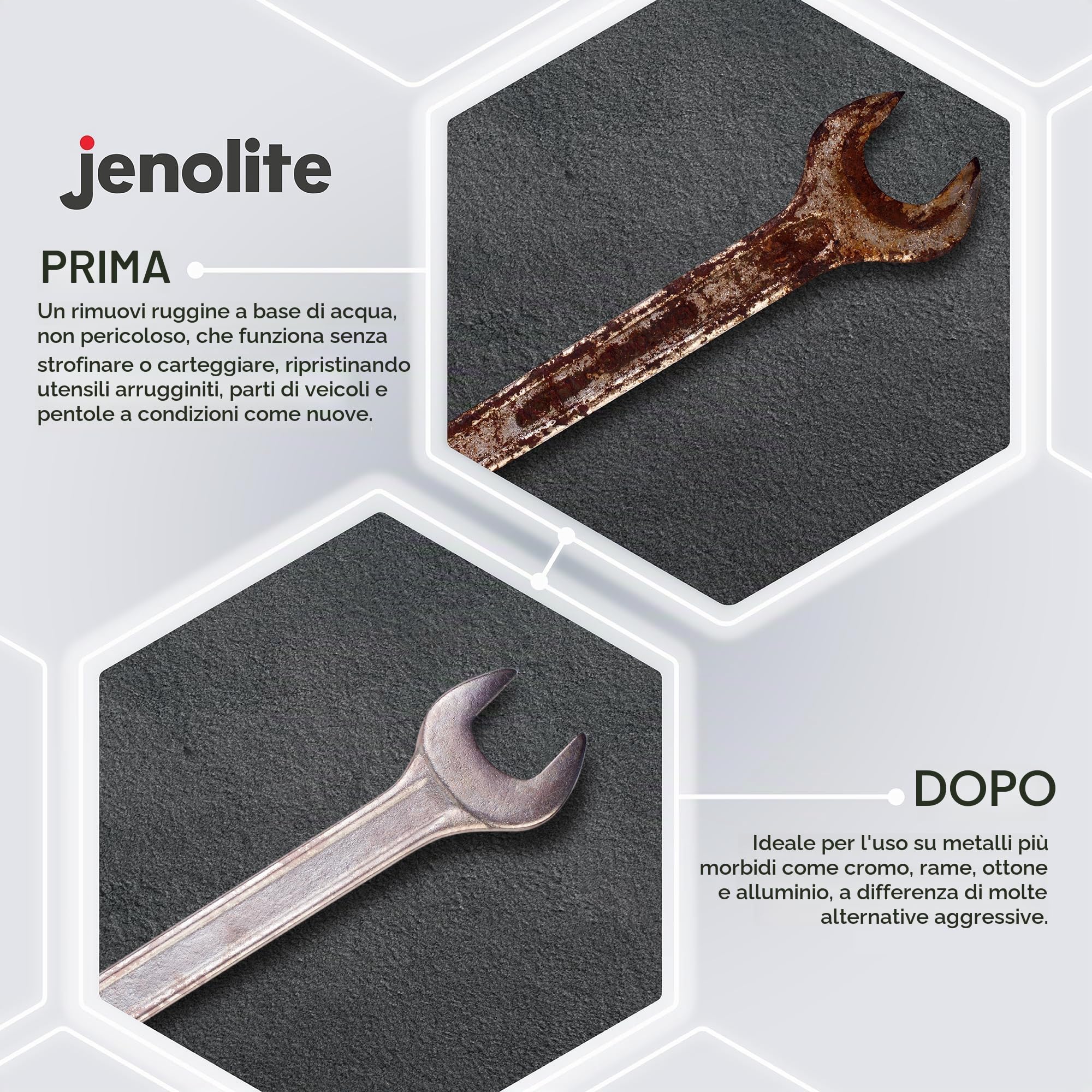 JENOLITE Rimozione della ruggine Non pericoloso | rispettoso dell'ambiente | Antiruggine a base acqua per ferro, acciaio, cromo, rame, ottone | Ideale per serbatoi di carburante arrugginiti | 5 litri