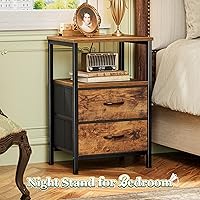 Vista 4 de Huuger Night Stand Set of 2, Nightstand with 2 Drawers, Bed Side Table with Open Shelf, Wooden Top, End Table, Fabric Drawer, for Bedroom, Rustic