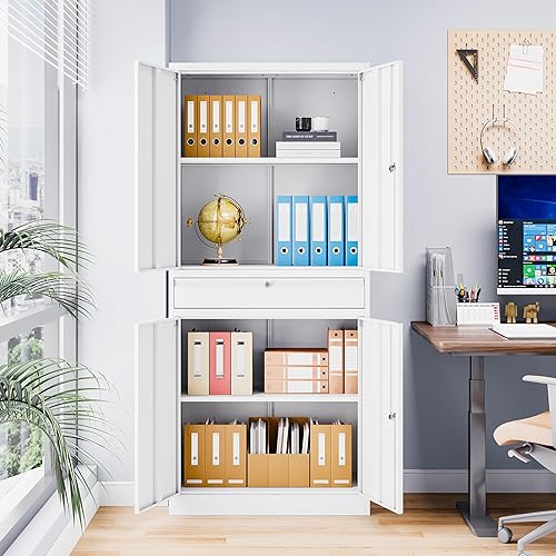 Miniatura 8 de LISSIMO Armario de almacenamiento de metal, archivador alto con 2 estantes ajustables y cajón, armario de herramientas de acero con cerradura para