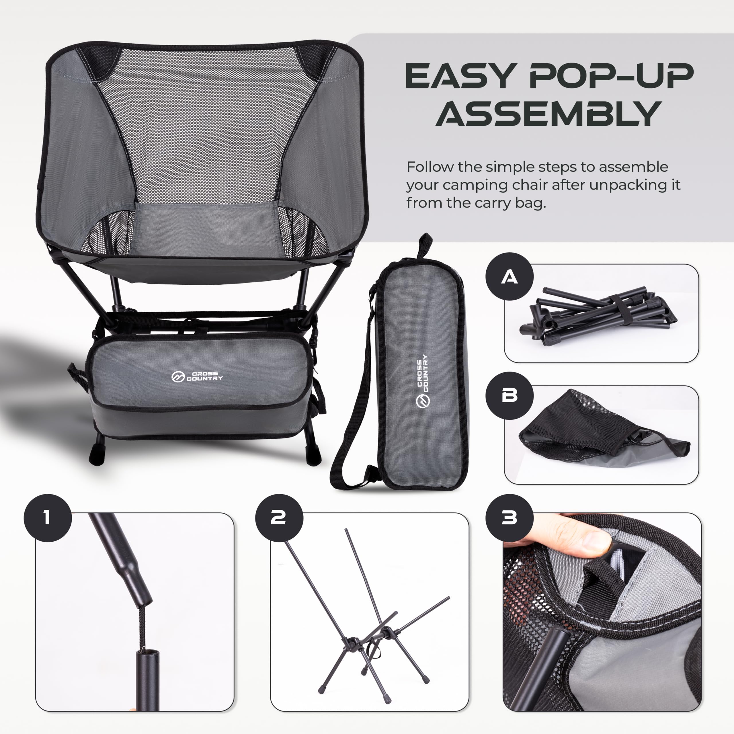 CROSS COUNTRY Lightweight Portable & Collapsible Outdoor Chair, Grey - Image 3