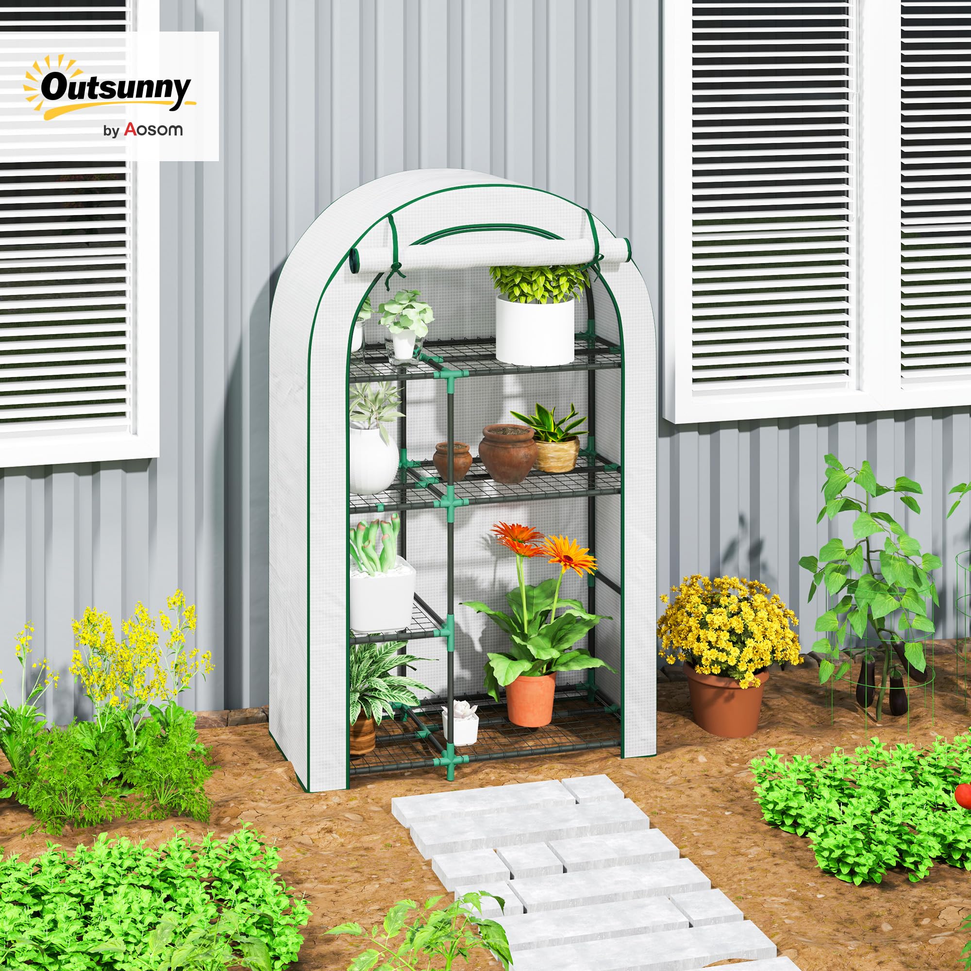 Outsunny Mini invern. Techo Redondo Puerta estantes 100x45x160cm Blanco | Invernadero de acero y film resistente al invierno, para balcón, jardín, tomates, verduras, flores