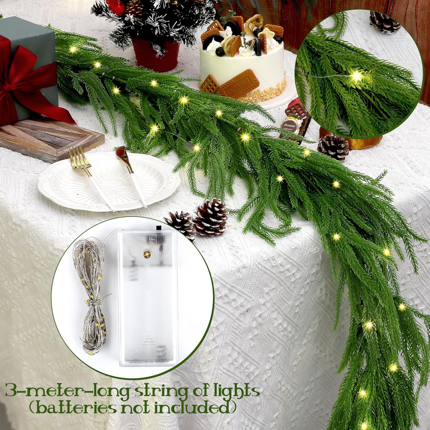 Fovths 1 Pack 9 Feet Christmas Norfolk Garlands Set Green Artificial Winter Pine Garlands Light String Faux Greenery Garland Pine Garland for Xmas Holiday Home Indoor Decor, Green