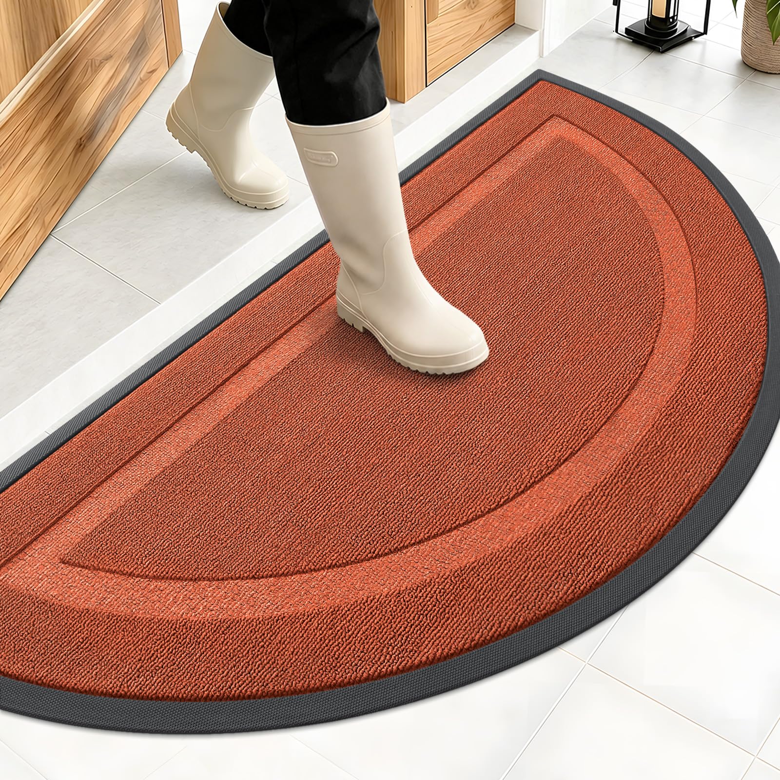 OLANLY Half Circle Front Door Mat Outside 47x23 All-Season Rubber Doormat | Vermillion Red, Absorbent, Heavy-Duty, Stain and Fade Resistant, Non-Slip Backing, Low-Profile Indoor Outdoor Entryway Mat