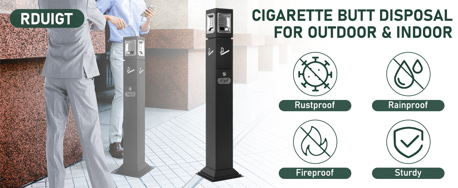 Image of Commercial Butt Receptacle Outdoor Trash Can for Patio, 4 Sides Opening Square Ash Bin, Garbage Waste Container with Removable Inner Bucket for Hotel Driveway