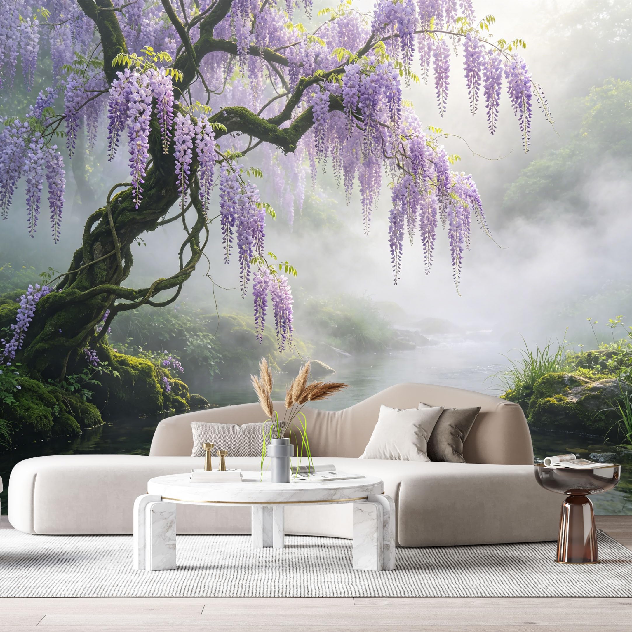 Custom Size Wall Murals Botanical Wisteria Tree Forest Lake Mist Watercolor Landscape SelfAdhesive Wall Fabric Removable Large Wallpaper for Photo Living Room