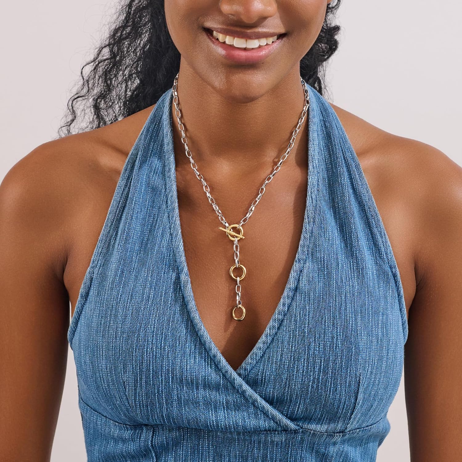 Two Tone Chain Necklace for Women, Gold and Silver Tube Link Fashion Jewelry - Image 2