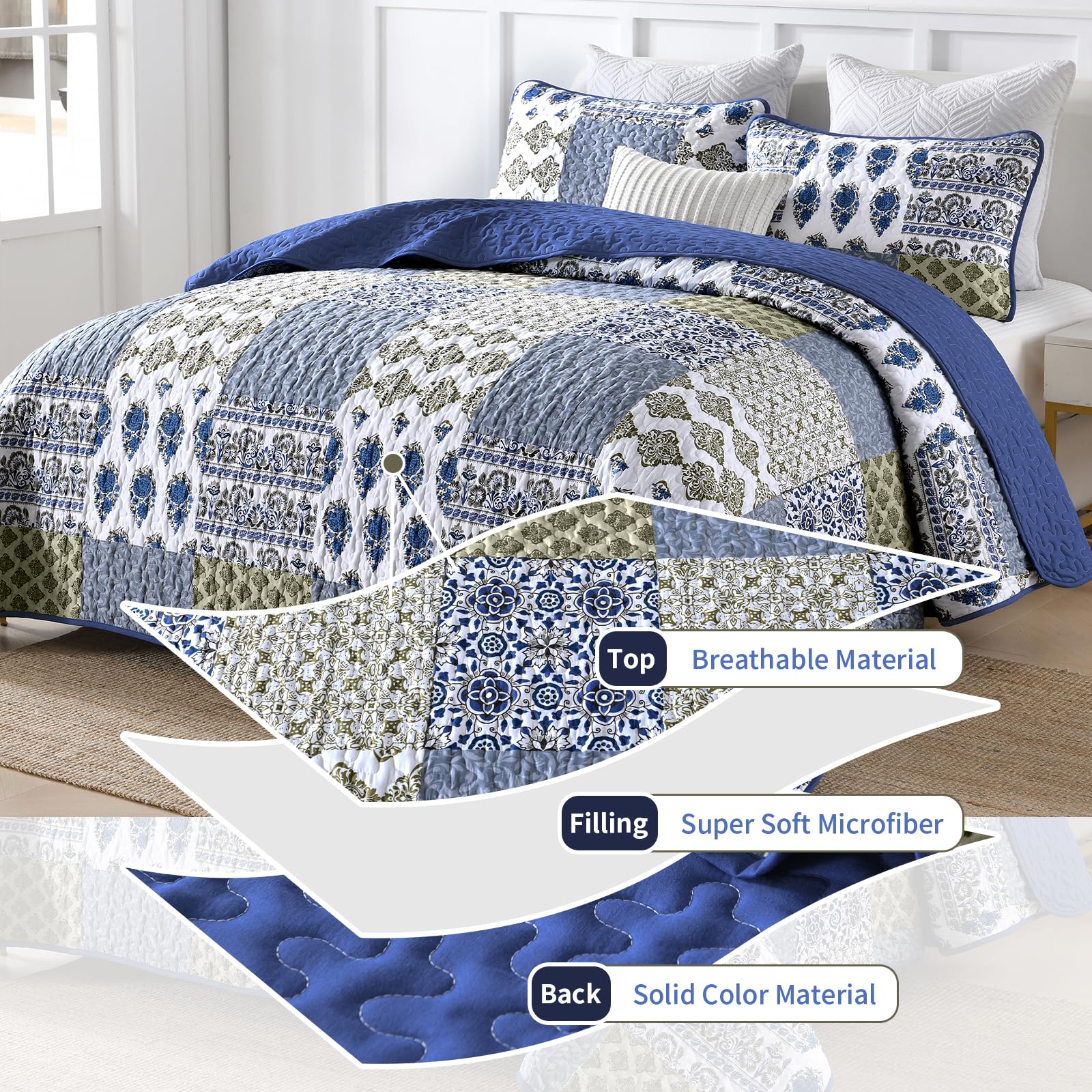 Mybedsoul Niebieska kołdra, rozmiar queen-size, 3-częściowy zestaw pościeli w stylu boho, w kratę, kolor Aqua Blue kwiatowy, mikrofibra, lekki zestaw pościeli bohema, na cały sezon (1 kołdra + 2