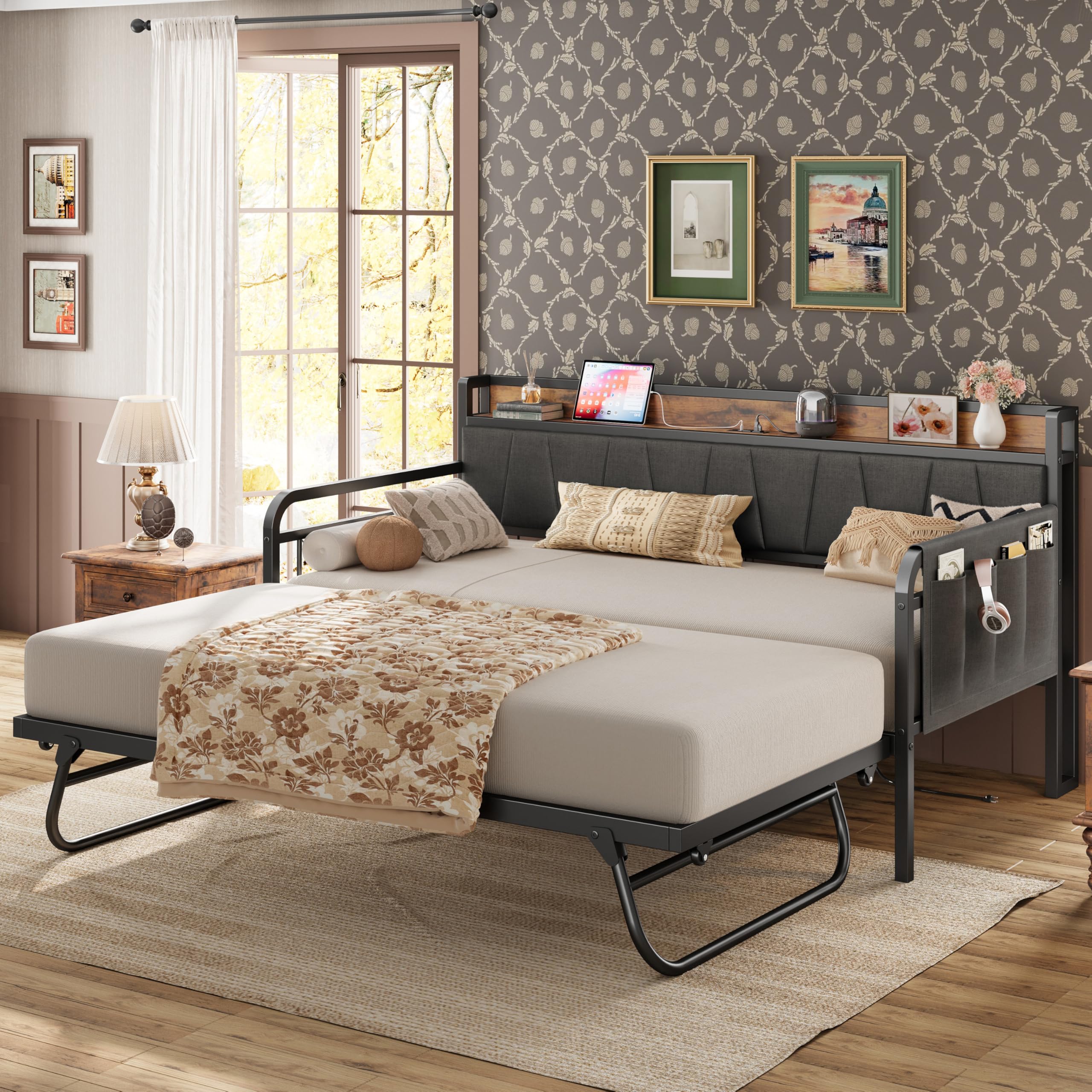 LIKIMIO Twin XL Daybed with Trundle, Grey