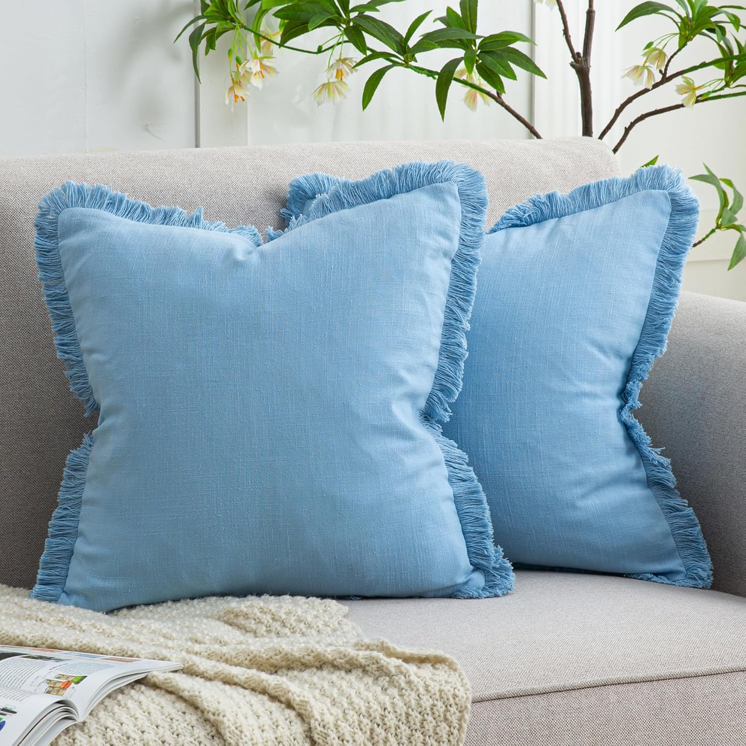 Set of 2 Fringe Throw Pillow Covers with Tassel Trim for Farmhouse Living Room,Soft Cotton & Cozy Linen, Boho Sytle Decorative Home (Baby Blue, 16x16 Inch) Baby Blue 16" x 16" (Pack of 2)