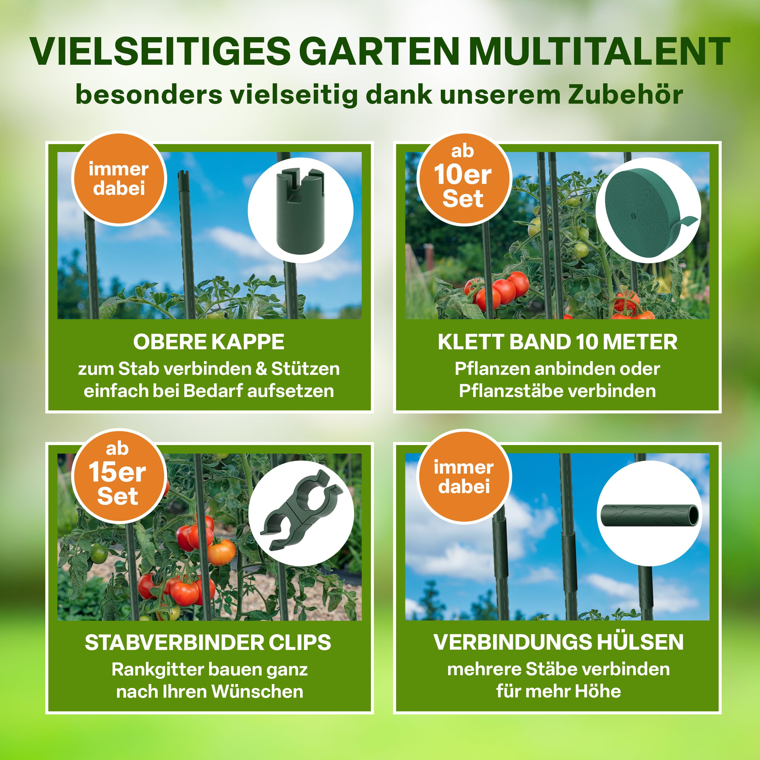 TTL GARDEN Lot de 10 tuteurs 240 cm x 11 mm de diamètre - Vert - Tuteurs + bande Velcro - En acier inoxydable revêtu de plastique - Support pour plantes - Pour tomates, poivrons, concombres, haricots