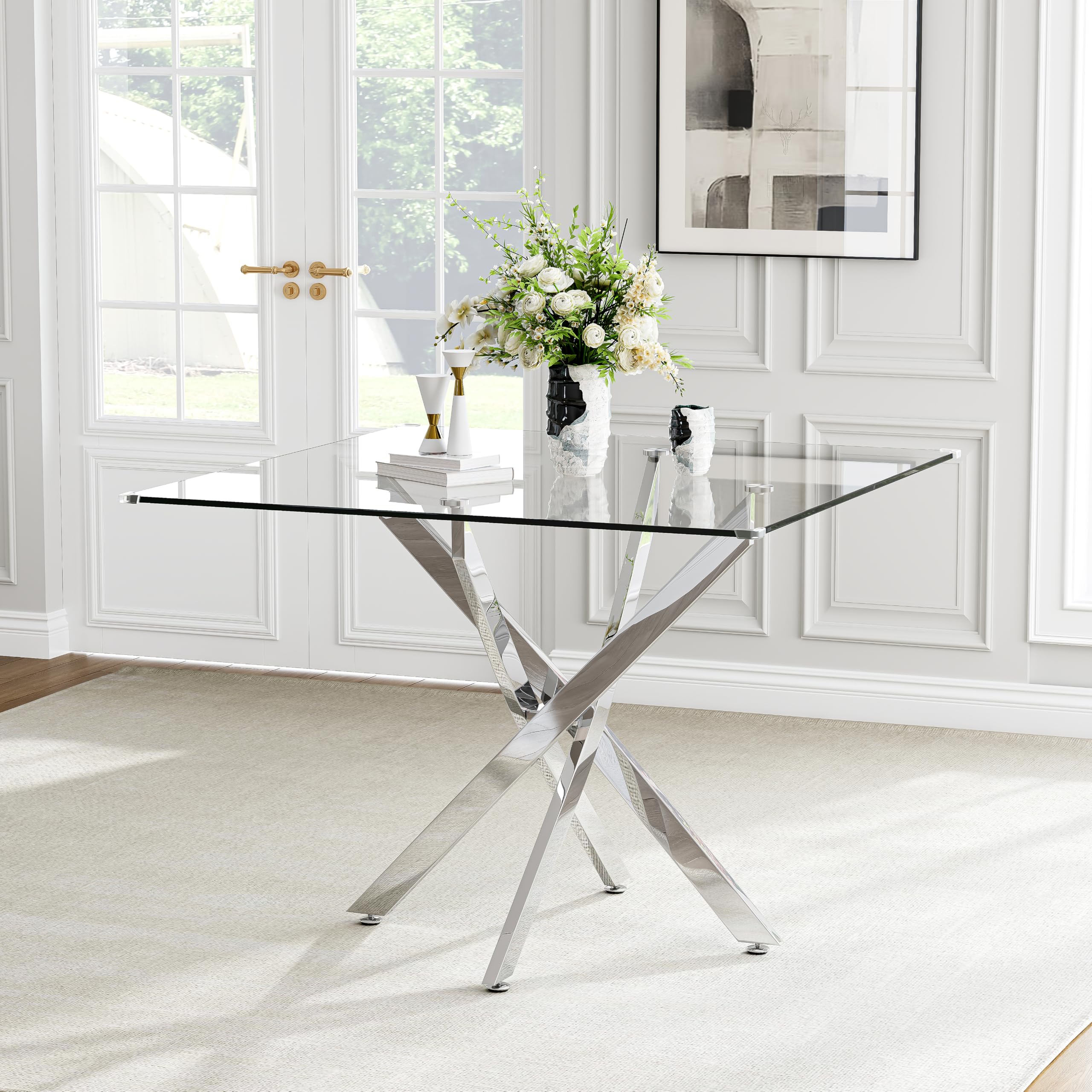AF ARTISAN FURNITURE Square Glass Dining Table for 4, 36'' Modern Kitchen Table with Tempered Glass Top, Dining Table for Office Kitchen Living Meeting Room Small Space, Silver