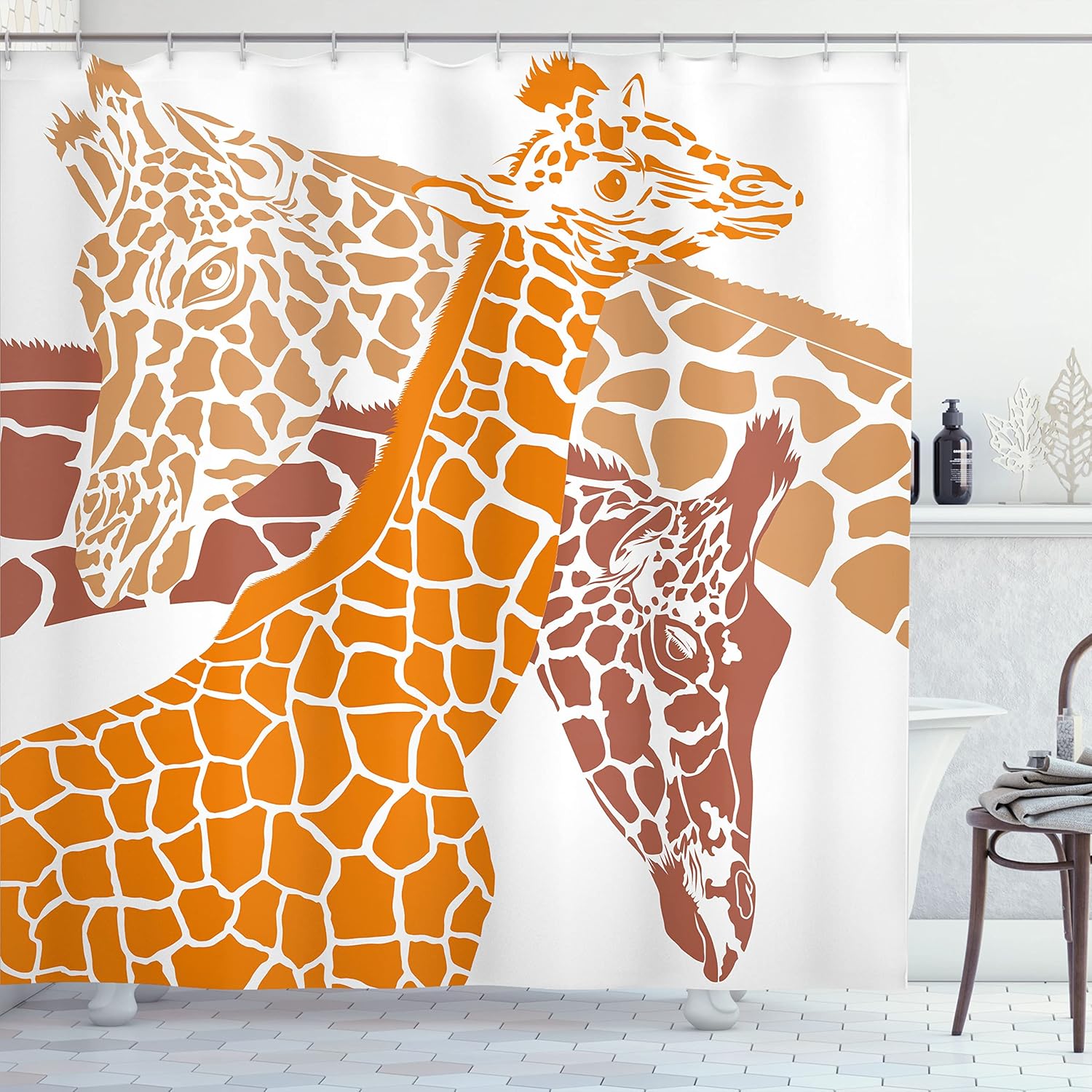 Ambesonne Giraffe Shower Curtain, Sketch of a Family Savannah Wildlife in Tall Animal Zoo Camouflage, Cloth Fabric Bathroom Decor Set with Hooks, 69" W x 84" L, Orange White and Brown