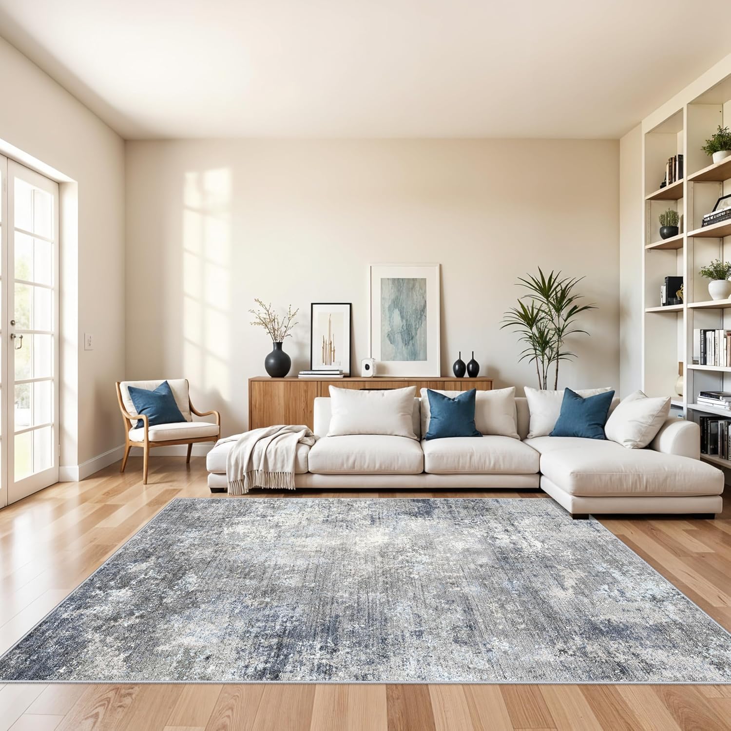 6x9 Washable Living Room Rug – Modern Neutral Abstract Large Indoor Area Rug for Bedroom Dining Room – Non-Slip, Soft, Low-Pile, Thin, Stain-Resistant Indoor Carpet?Blue Grey,6x9? 6' x 9' (Rectangular) Blue Gray