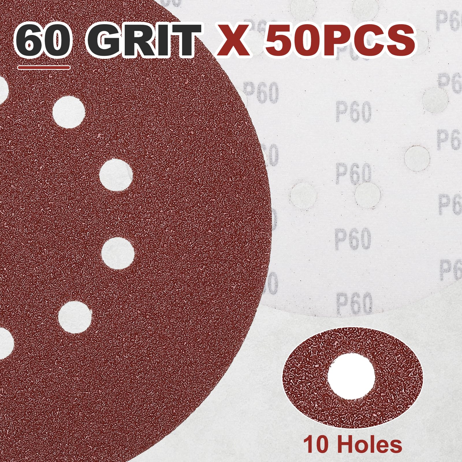 DTGN 50 Fogli Carta Vetrata 225mm Chiusura Strappo 10 Fori Grana 60 Rossa