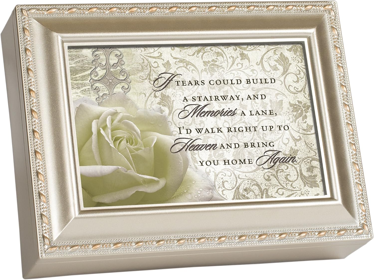 Cottage Garden If Tears Could Build Stairway Silvertone Rope Trim Jewelry Music Box Plays Amazing Grace