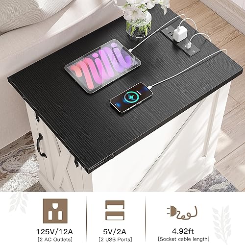 Miniatura 4 de EnHomee Mesita de noche con estación de carga, mesas auxiliares de granja de 25 pulgadas con puerta de granero, mesa auxiliar grande de madera para