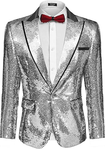 Coofandy Chaqueta de traje de lentejuelas brillante Blazer de un botón de esmoquin para fiesta, boda, banquete, baile de graduación