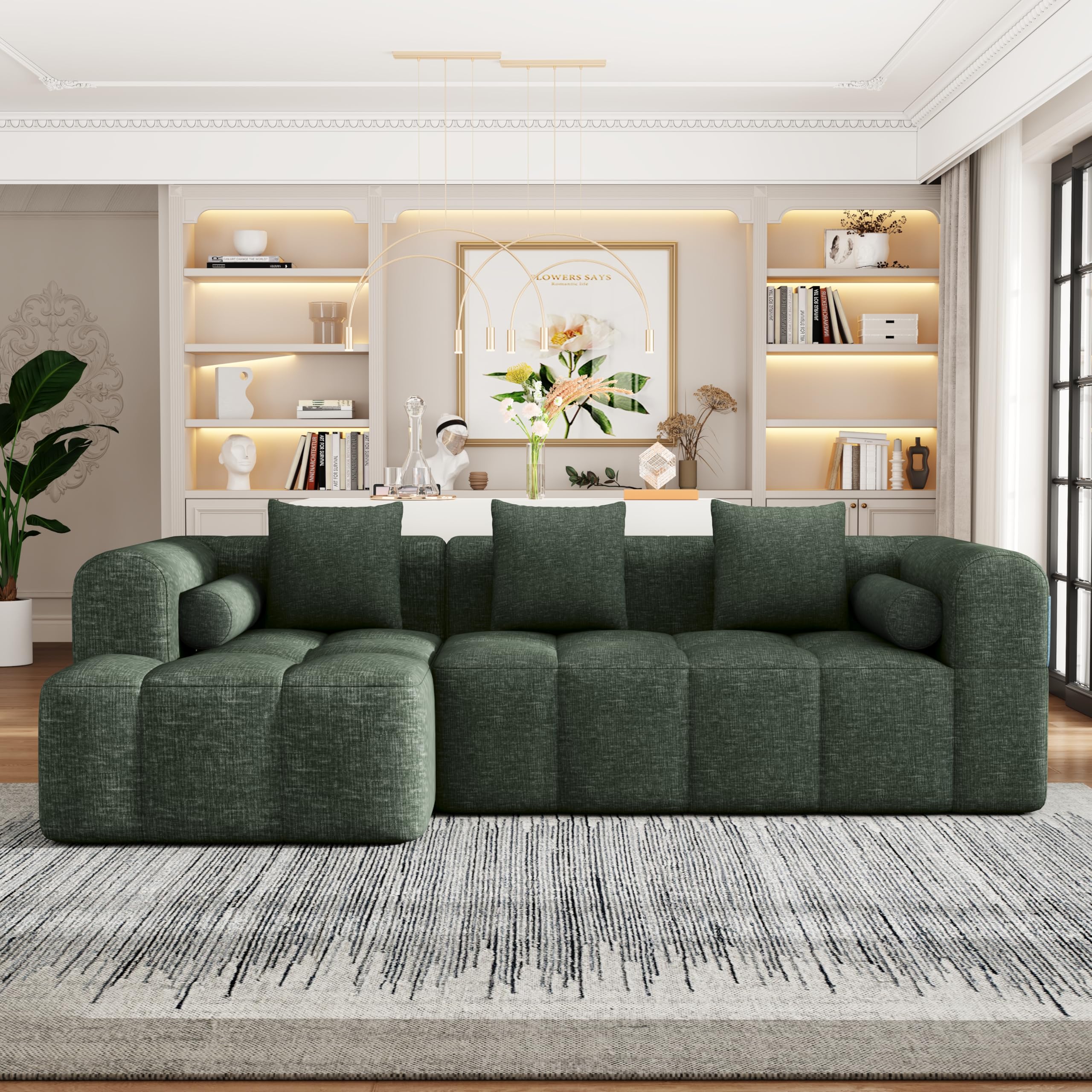 101.2" Sectional Sofa Full-Compressed Sofa Modular Sofa Couch Free-Combined with Deep Seating and Two Side Pockets for Living Room (Green@90)