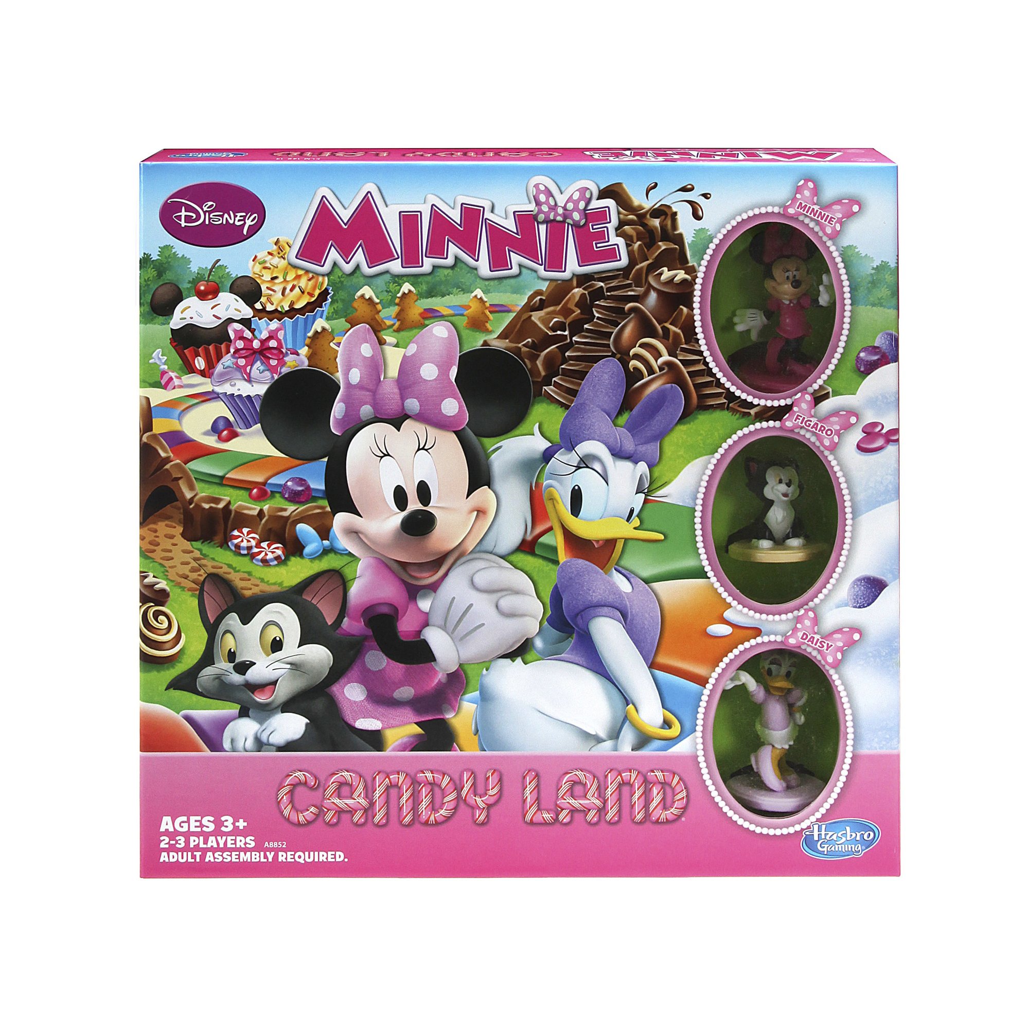 Game components laid out: colorful Candy Land game board, three character movers (Minnie Mouse, Figaro, Daisy Duck), and a spinner.