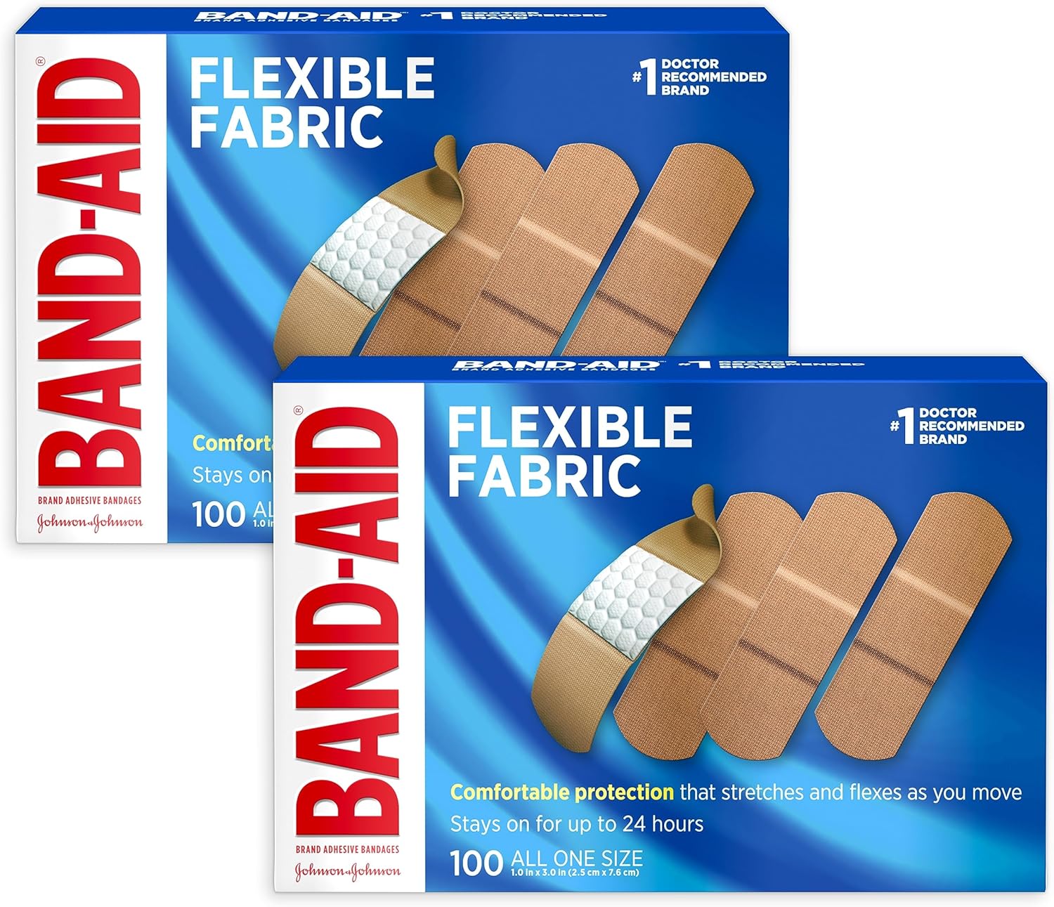 Band-Aid Brand Sterile Flexible Fabric Adhesive Bandages, Comfortable Flexible Protection & Wound Care for Minor Cuts, Pad Designed to Cushion Painful Wounds, One Size, 2 Pack, 100 Ct