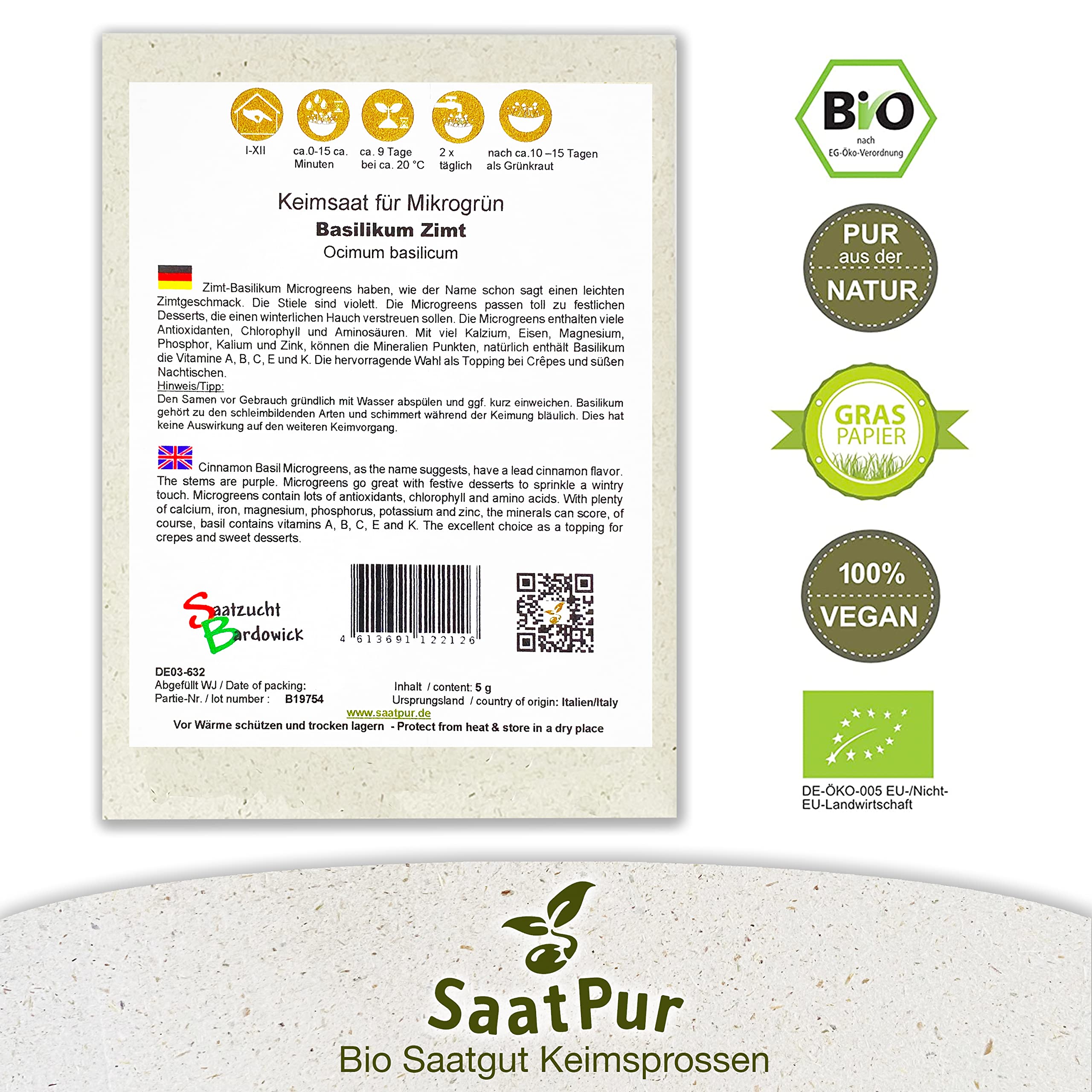 Bio Sprossen Samen Basilikum Zimt - 100% Bio Keimsprossen - Microgreens mit hoher Keimkraft - Kleines Tray mit 40 Portionstüten je 5g