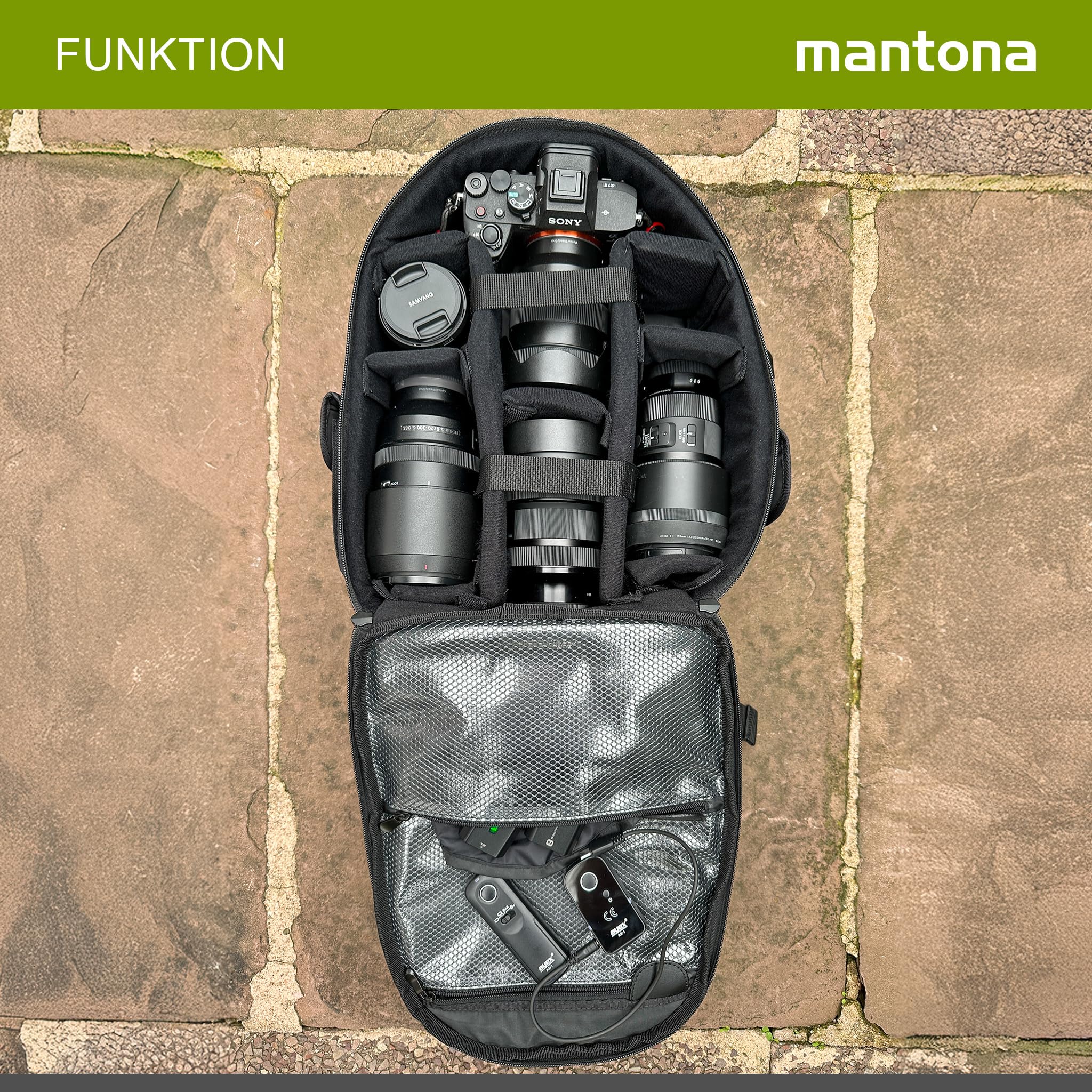 Mantona Azurit Sac à Dos Photo Noir pour Appareil DSLR/DSLM Capacité 5 Objectifs & Divers Accessoires avec Fixation pour trépied Pieds stabilisateurs Poignée renforcée Bretelles Transport Confort