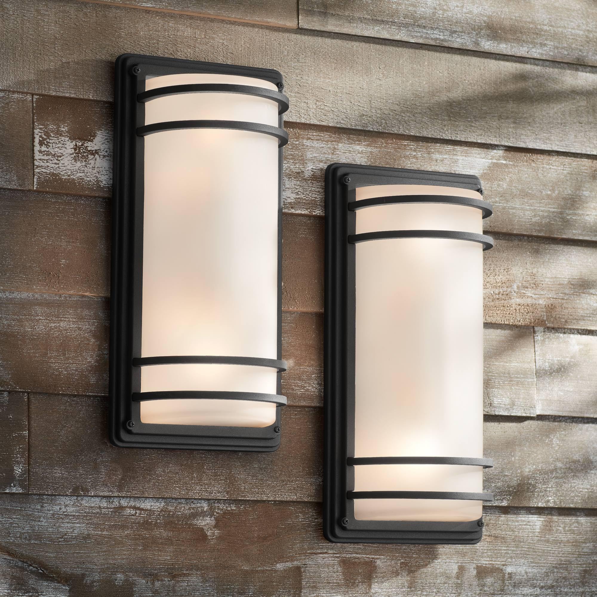 John Timberland Habitat Modern Industrial Outdoor Wall Light Fixtures Set of 2 Black Metal 16" Frosted White Glass Shade for Post Exterior Barn Deck
