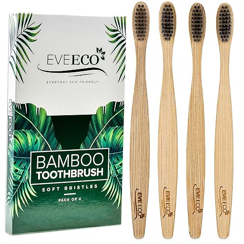 4 unidades I Cepillo de dientes de bambú I cerdas suaves mejor para encías sensibles, carbón I vegano I madera natural I BPA Fee I reciclable I