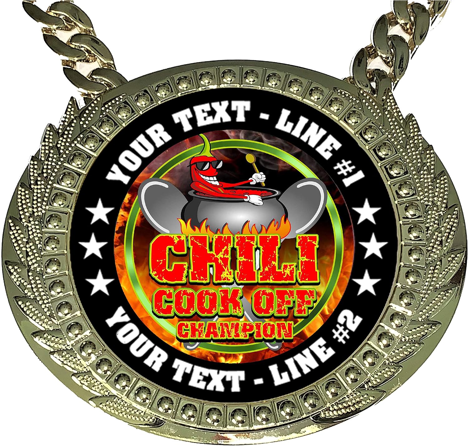 Express Medals Custom Chili Cook Off Champ Chain Trophy with 2 Lines of Personalized Text on a Large Rigid Plastic Award Medal and 34 Inch Long Gold Color Neck Chain. Chili