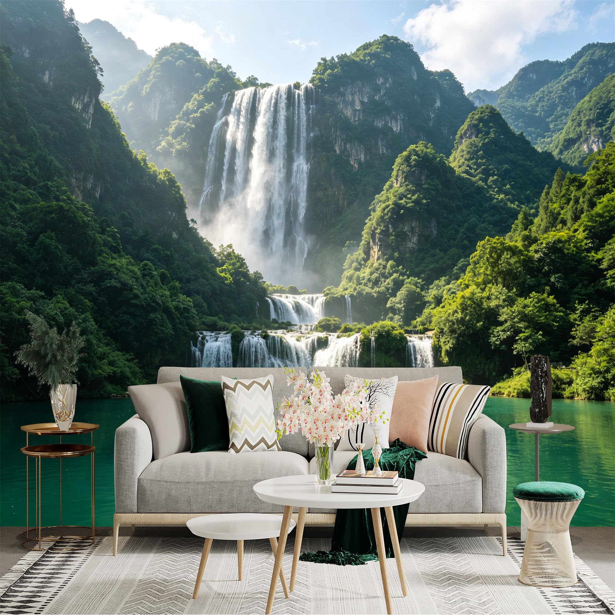 Custom Size Wall Sticker Mural， Majestic Waterfall in Lush Mountain Forest， Tropical River Landscape， for wall Decoration， peelandstick wall Decals.