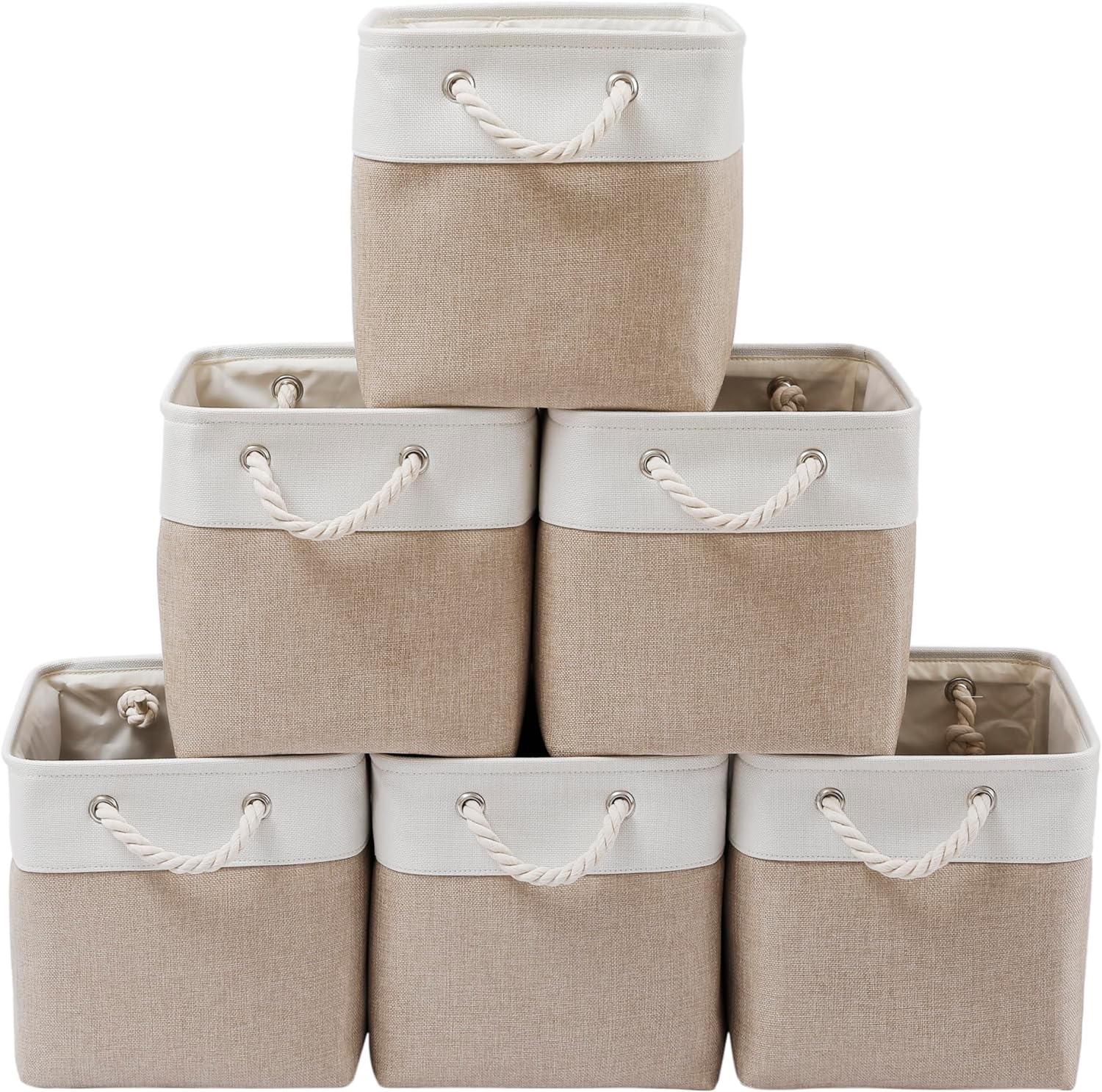 13 x 13 Inch Cube Storage Bins, 6 Pack Extra Large Collapsible Fabric Storage Bin with Ropes, Foldable Storage Cubes for Home (White & Beige-13"x13"x13")