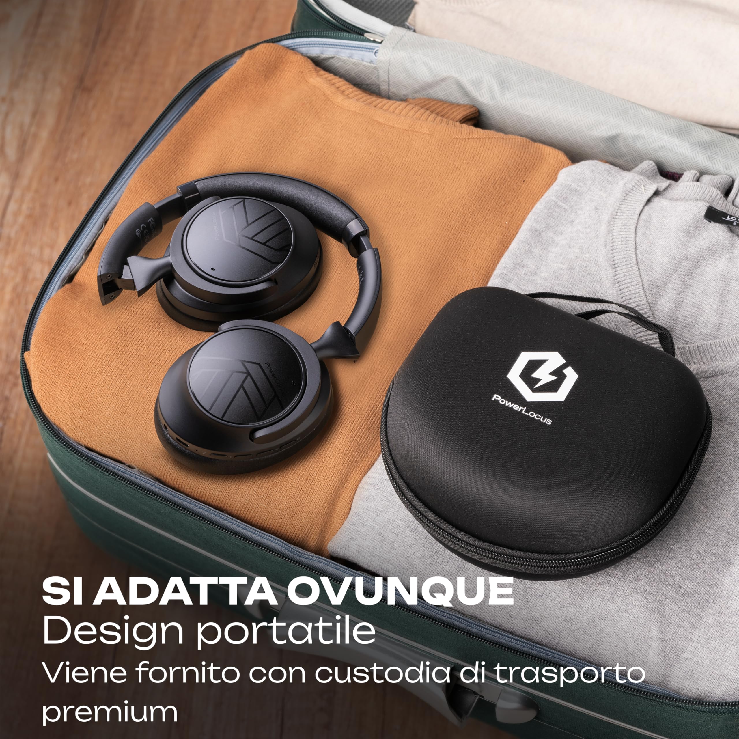 PowerLocus Cuffie Wireless Cancellazione Rumore Attiva Ibrida, Cuffie Bluetooth Over Ear, 70 Ore di Riproduzione, Bass Modi, Hi-Fi Stereo, Pieghevoli e Modalità Trasparenza, con Custodia (Nero)