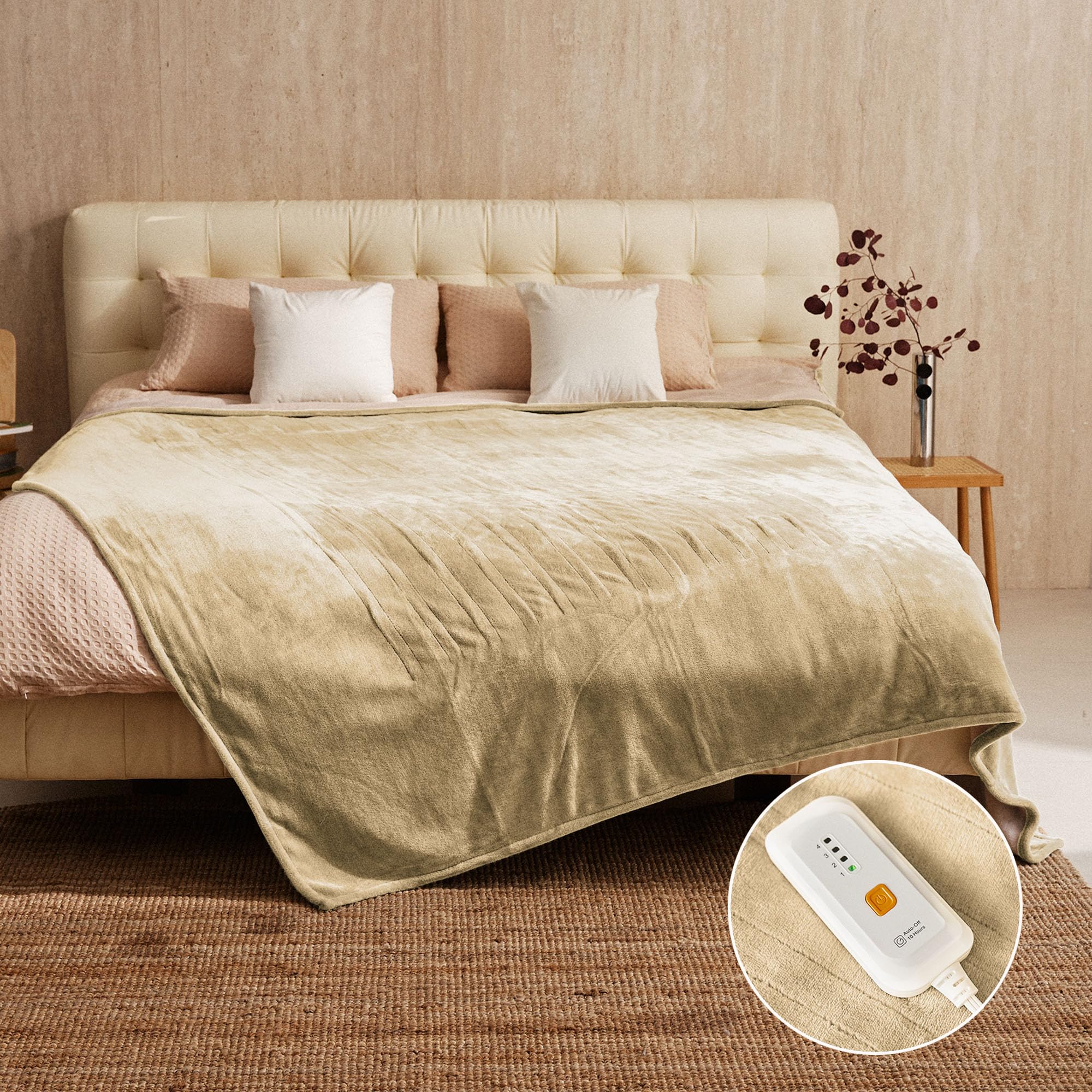 Jet'S Home HOME Heated Blanket Full Size, 4 Heat Level Electric Blanket, Camel