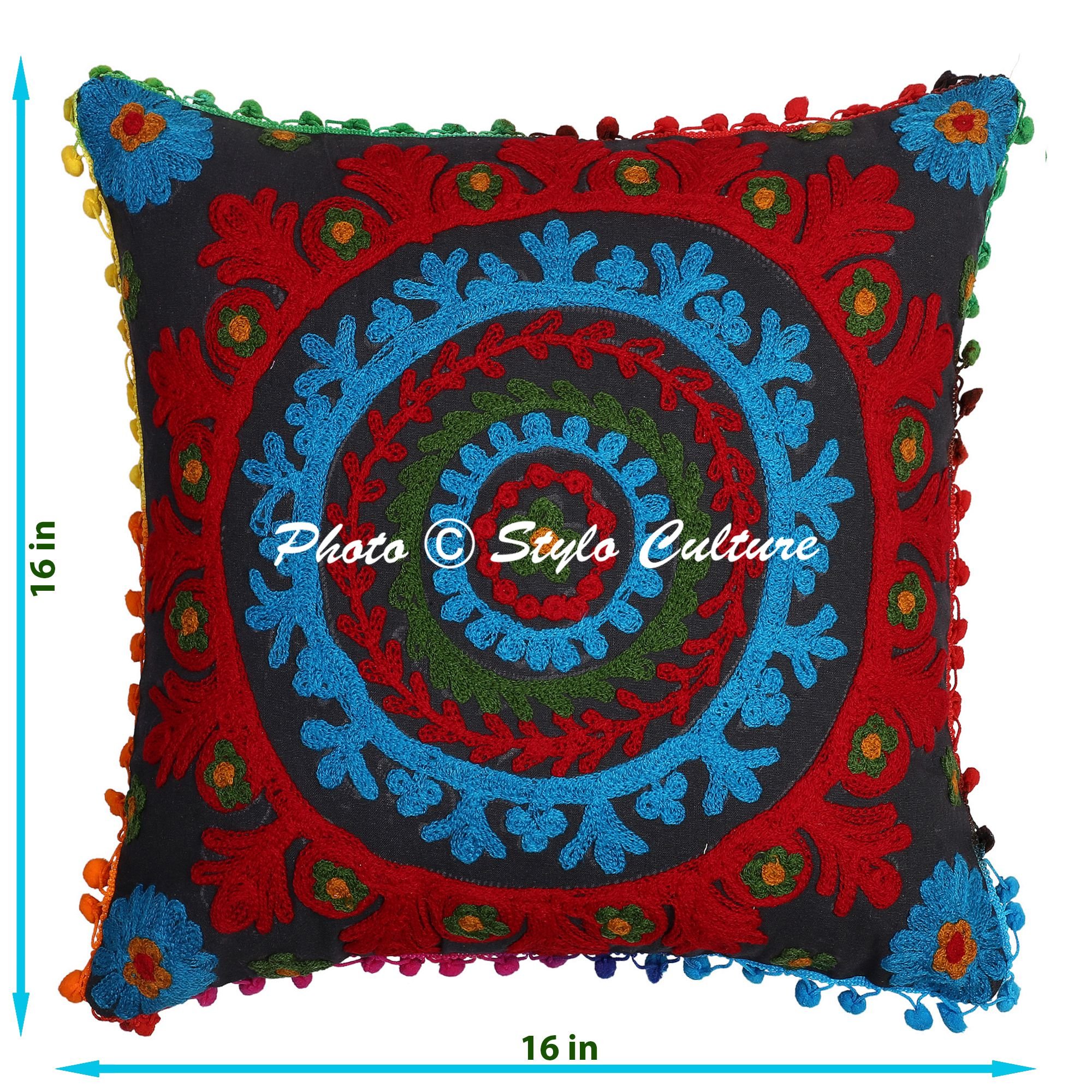 2 Federe Per Cuscini 40x40 Cm Ricamate Suzani – Nero Con Pompon E Pizzo – Stile Tradizionale Boho Per Divano E Letto - 3