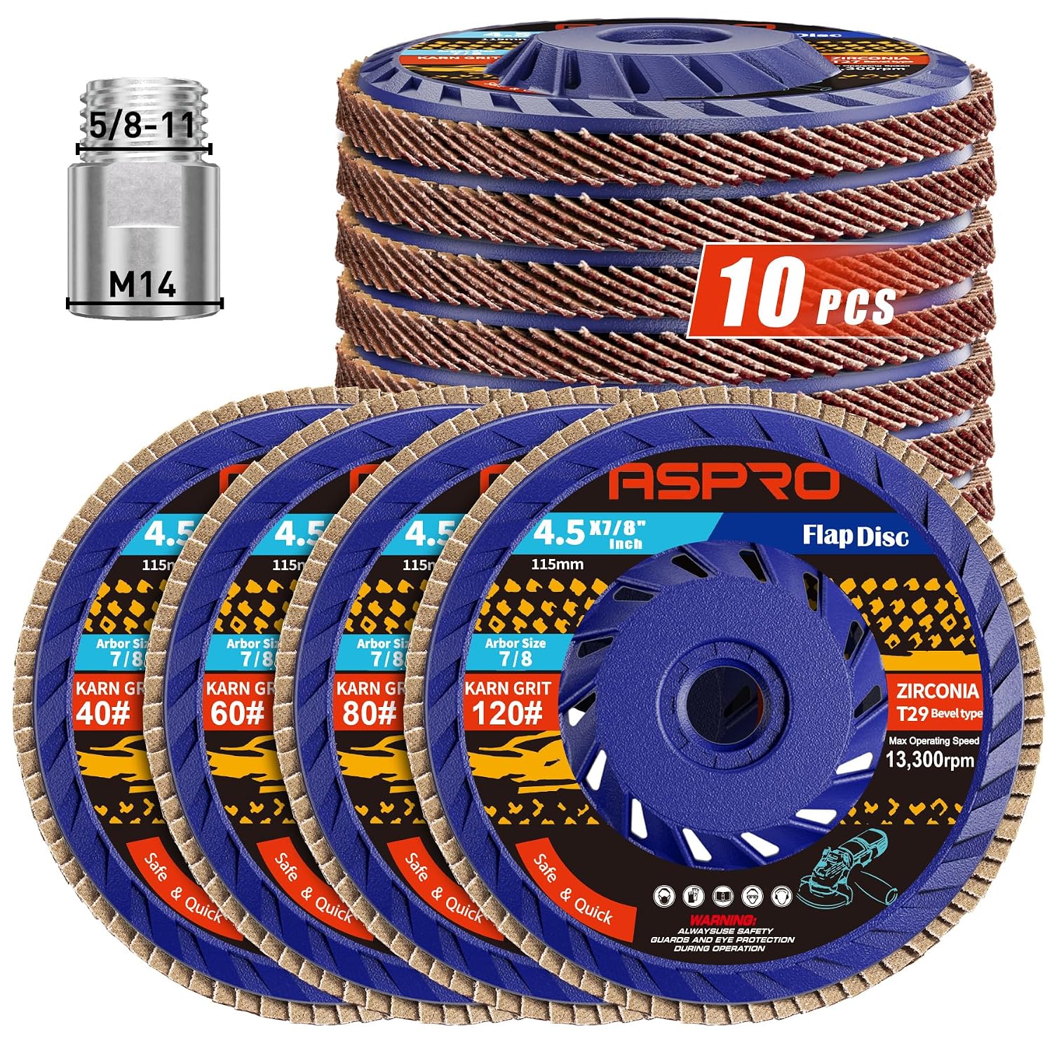 ASPRO Flap Discs 4 1/2 for Angle Grinder, 120 Grit T29 Flap Disc, 4-1/2" x 7/8" High Density Zirconia Abrasive Grinding Wheel and Sanding Disc, 4.5 Flap Disc for Metal, Wood, Stainless Steel (10 Pack)