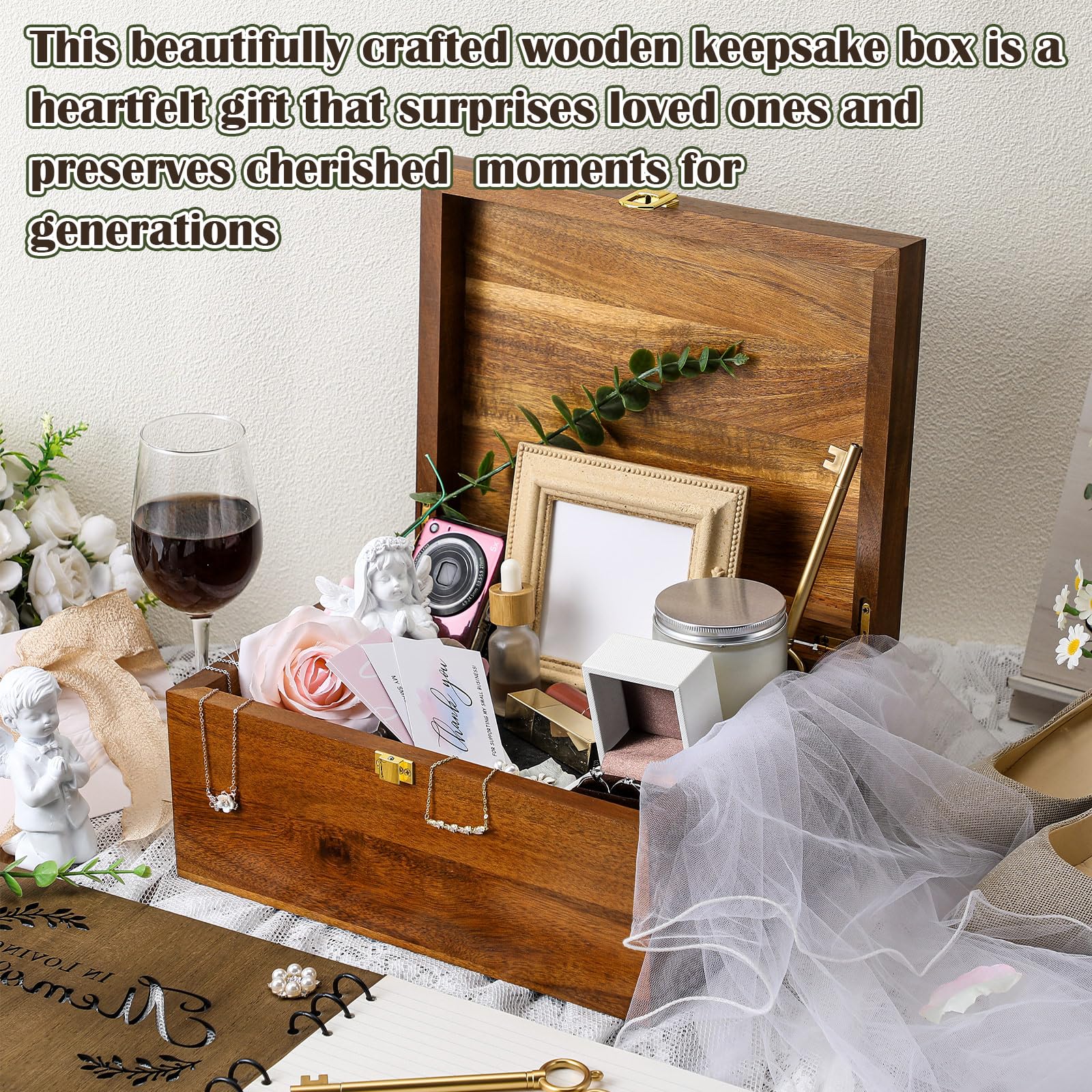 Threehoney Caja grande de madera para recuerdos de boda con tapas, 12 x 9 x 5.5 pulgadas, caja de almacenamiento de recuerdos de boda, regalos de compromiso para parejas, recién casados, despedidas de